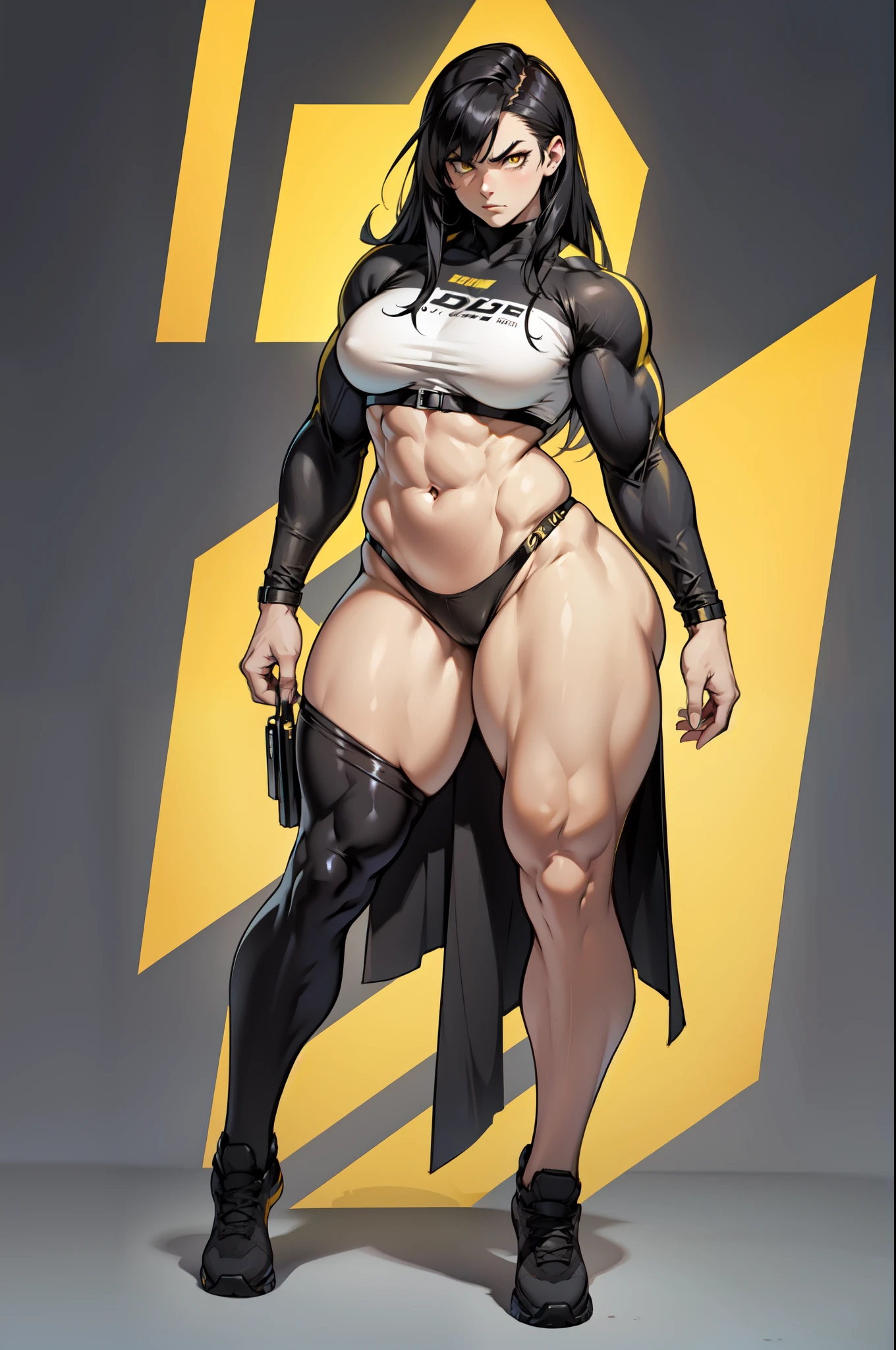 1 girl pale skin black hair yellow eyes long hair angry muscular toned body bodybuilder curvy wide hips thick thighs (full body) solo solo solo solo simple background