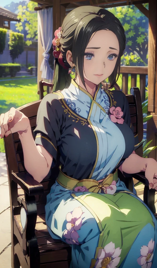 haruhiko_ichijou_mother,long hair,black hair,blue eyes,ponytail,( large breasts:1.5),a girl,wearing an elegant 100% transparent saree,curly long hair,deep black eyes,shiny red lips,brown skin,lotus flower in her hair,bindi on forehead,palms decorated with henna,in a blooming garden,bright colorful flowers,green grass,blue sky,sunshine falling on her,peaceful and serene expression,subtle smile on her face,fingers delicately touching flower petals,body language full of grace and elegance, scenic beauty,painting as medium,detailed and vivid,high-resolution image,photorealistic rendering,vibrant colors,soft and warm lighting, her boobs exposed, pussy,  and clitoric can be seen