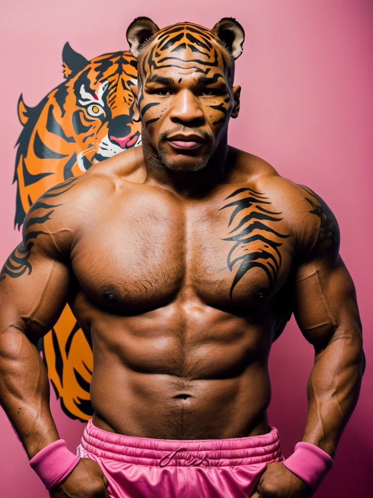 (full body shot, ultra-detailed, best quality, photorealistic:1.37, 4k, realistic, portrait, photography, Mike Tyson, iconic pose, dressed like a pink tiger, detailed facial features, vibrant colours, 35mm)