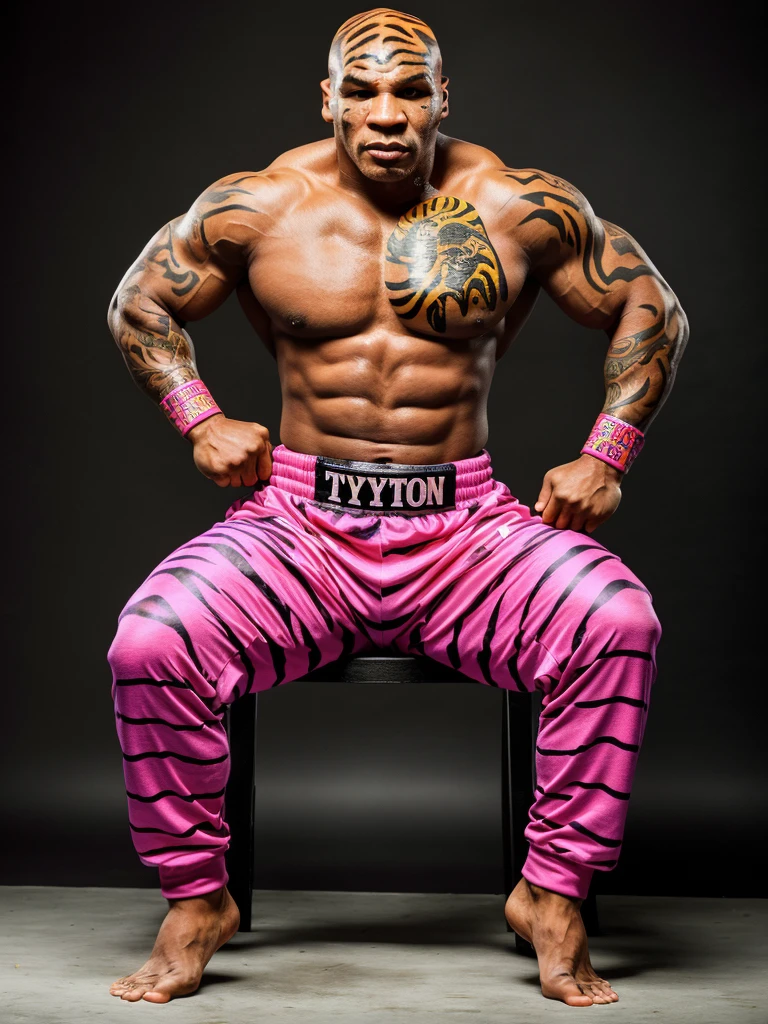 (full body shot, ultra-detailed, best quality, photorealistic:1.37, 4k, realistic, portrait, photography, Mike Tyson, iconic pose, dressed like a pink tiger, detailed facial features, vibrant colours, 35mm)