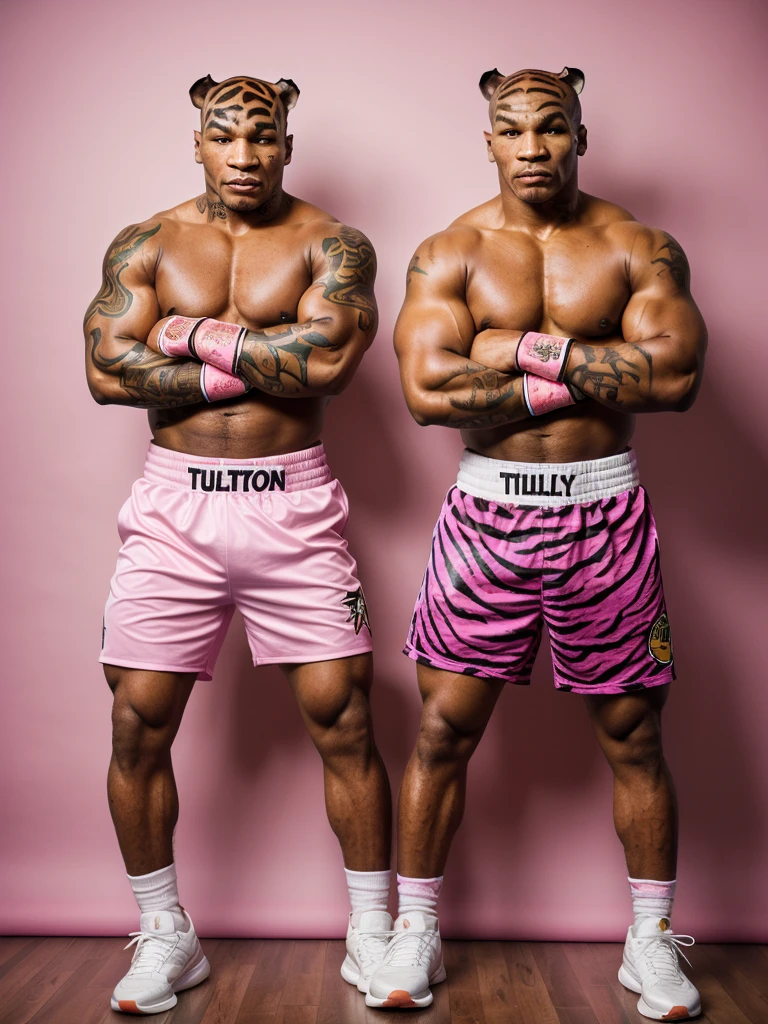 (full body shot, ultra-detailed, best quality, photorealistic:1.37, 4k, realistic, portrait, photography, Mike Tyson, iconic pose, dressed like a pink tiger, detailed facial features, vibrant colours, 35mm)
