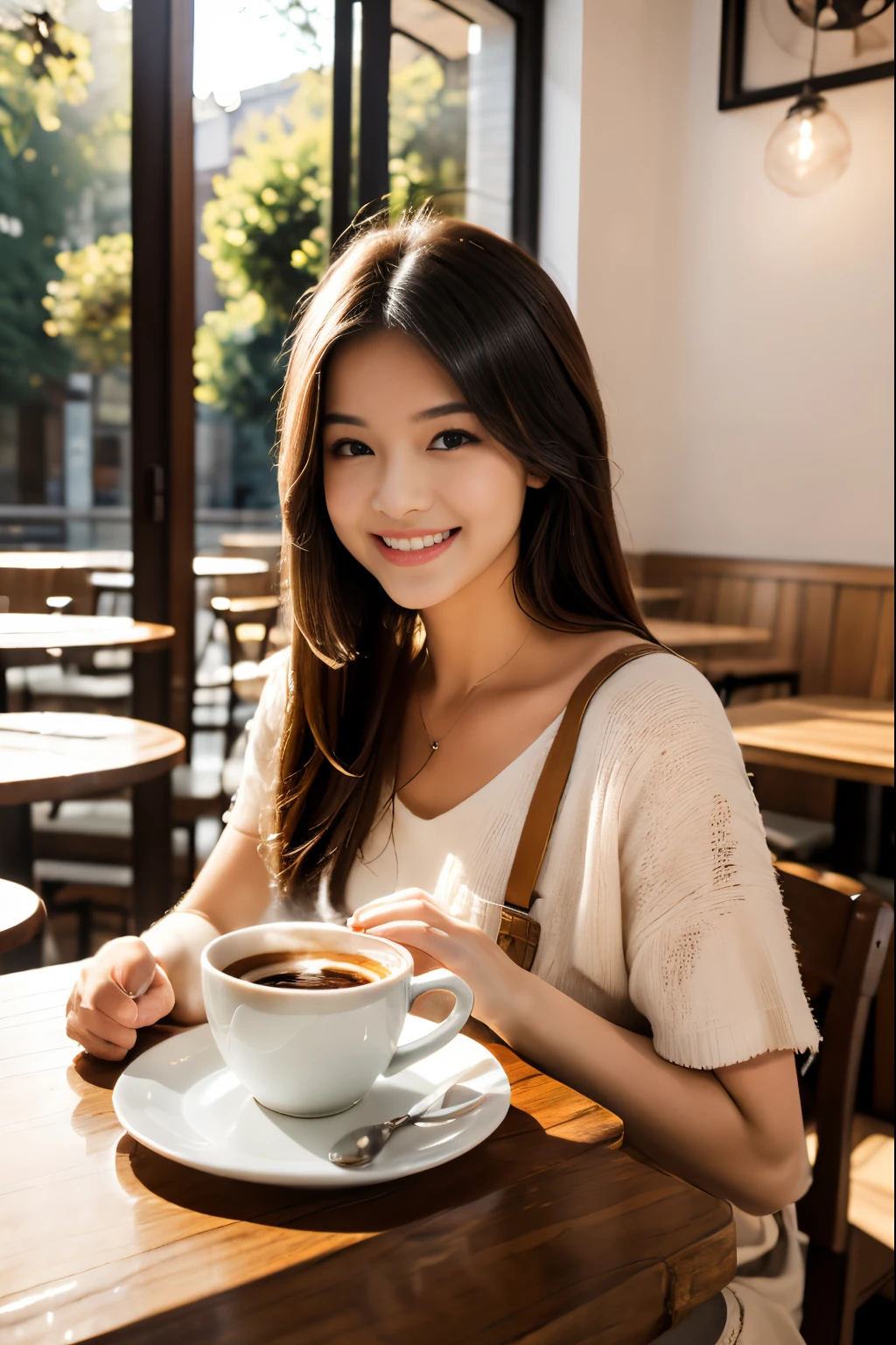 (best quality,4k,8k,highres,masterpiece:1.2),ultra-detailed,(realistic,photorealistic,photo-realistic:1.37),beverage,cafe scene,coffee cup,beautiful detailed eyes,beautiful detailed lips,extremely detailed eyes and face,longeyelashes,happy expression,warm lighting,cozy atmosphere,wooden furniture,delicious food,aromatic coffee,modern interior,relaxing ambiance,window view,sunlight streaming in,freshly brewed coffee,fragrant pastries,reflections on the coffee cup,smiling customer,enjoying her breakfast,floral decoration on the table,artistic coffee foam design,soft sunlight illuminating the room,intimate setting,peaceful morning,energetic barista,artistic latte art,sunlit corner,pleasant aroma of coffee,inviting seating area,quiet background music,comfortable seating arrangements,vibrant colors,coffee beans,subtle shadowing,barista's apron,frothy cappuccino,decorative coffee mugs,creamy croissant,steaming hot coffee,wholesome breakfast options,relaxed conversation,coffeehouse culture,energetic morning ambiance