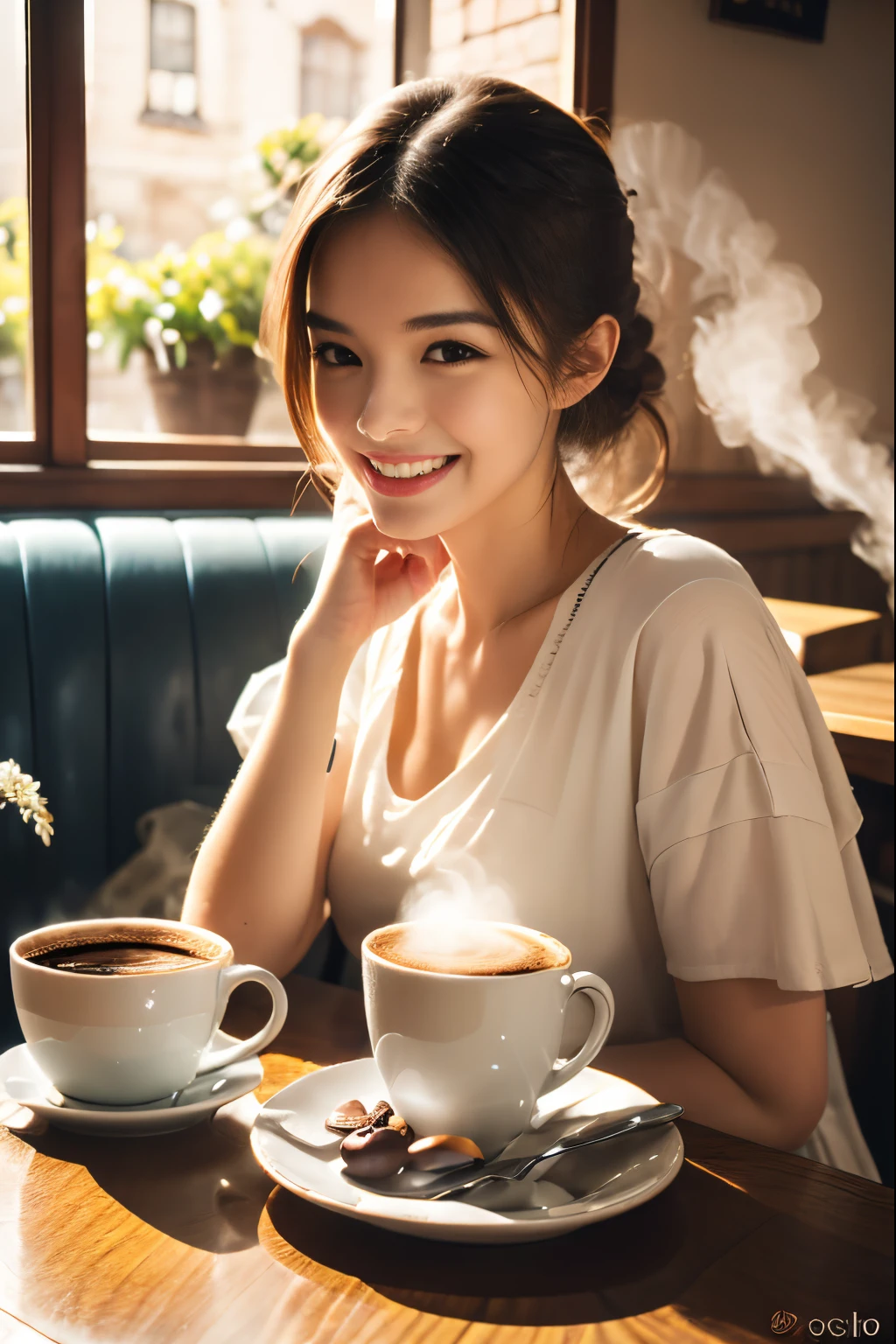 (best quality,4k,8k,highres,masterpiece:1.2),ultra-detailed,(realistic,photorealistic,photo-realistic:1.37),beverage,cafe scene,coffee cup,beautiful detailed eyes,beautiful detailed lips,extremely detailed eyes and face,longeyelashes,happy expression,warm lighting,cozy atmosphere,wooden furniture,delicious food,aromatic coffee,modern interior,relaxing ambiance,window view,sunlight streaming in,freshly brewed coffee,fragrant pastries,reflections on the coffee cup,smiling customer,enjoying her breakfast,floral decoration on the table,artistic coffee foam design,soft sunlight illuminating the room,intimate setting,peaceful morning,energetic barista,artistic latte art,sunlit corner,pleasant aroma of coffee,inviting seating area,quiet background music,comfortable seating arrangements,vibrant colors,coffee beans,subtle shadowing,barista's apron,frothy cappuccino,decorative coffee mugs,creamy croissant,steaming hot coffee,wholesome breakfast options,relaxed conversation,coffeehouse culture,energetic morning ambiance