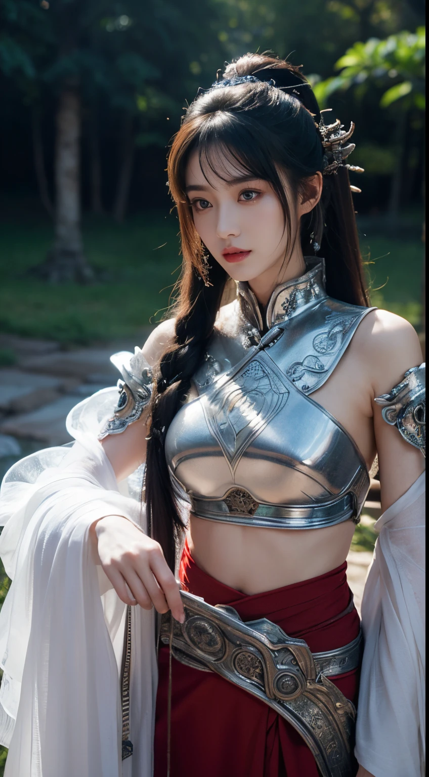 tmasterpiece,Best quality,A high resolution,8K,(portrait),(Close up of avatar),(Original photo),real photograph,(Clothing that combines ancient style with science fiction style),digital photography,Full body lesbian,18yo Girl,Long ponytail hairstyle,through bangs,Beautiful black and red gradient hair,Green-eyed,iintricate,elegant and charming,The content is very detailed,A delicate crown, Silver metal exoskeleton armor,Intricate sci-fi hollow armor,power armour,Openwork design,Chinese style Hanfu,mechanical structure,Silk streamers,Expose your navel,(dunhuang),cyber punk personage,ancient fantasy,Photo pose,stately,Redlip,metalictexture,oc render reflection texture,Landscape forest background