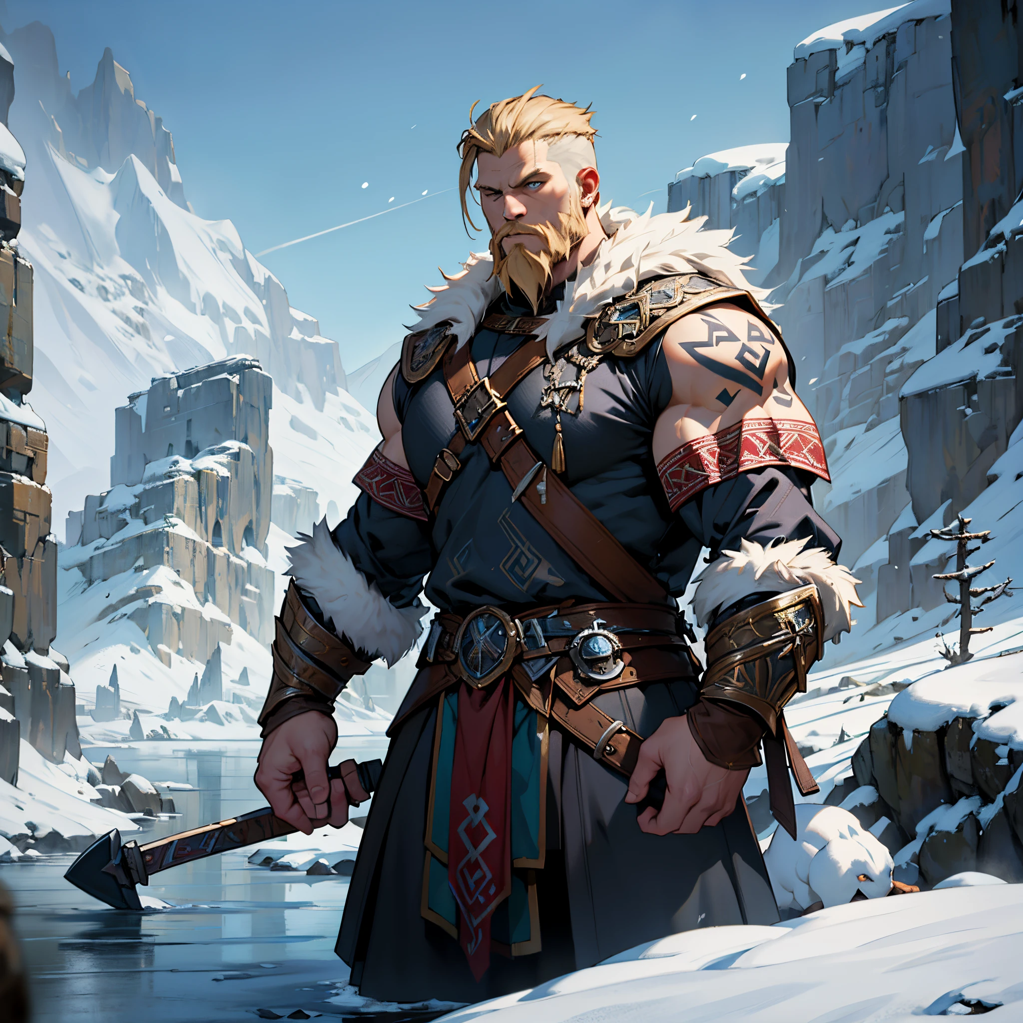 masterpiece, Best Quality, detailed, Cinematics, 4k, Background with:Viking buildings built on snowy fjord cliffs, Viking warrior wearing armor and fur coat with rune tattoos