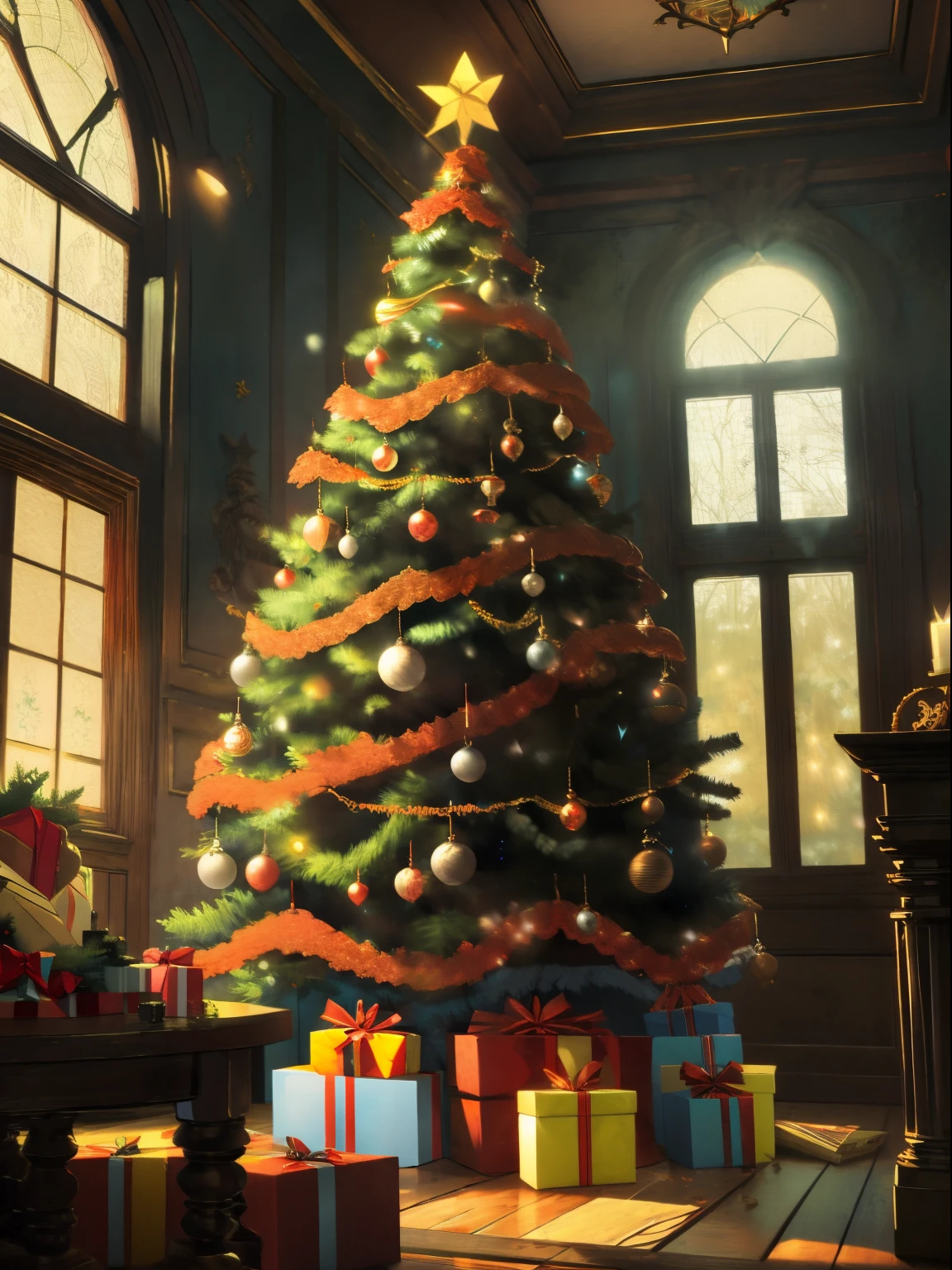 (Best Quality),(masutepiece),(ultra-detailliert),(detaileds),(Extremely detailed),There is a large window in the middle of the room.、There is a large Christmas tree in the center, dark and moody, broody, Scary, neons, barroco, romantic, intricate detailes, Ray tracing, Cinematic, Portrait, Raphael Stone, Craig Mullins and Katsuhiro Otomo, Mega upload style, Mega upload style, style of studio ghibli, Akira's style, Miyazaki style, Animated by Madhouse INC, Studio Ghibli, Howl's Moving Castle Style, Style of Peter Mohrbacher