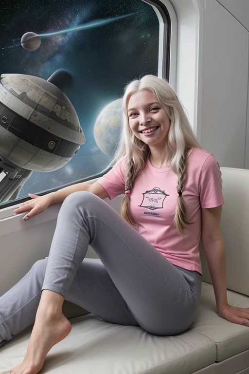 a white-haired woman with many messy dreadlocks sits before a spaceship window  overlooking a planet. She is wearing a pink shirt and pants and has no shoes. she is smiling.