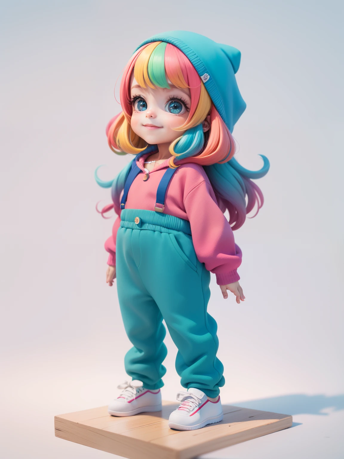 (obra-prima), (melhor qualidade), (ultra-detalhado), (corpo inteiro: 1.2) menina bonita e fofa, tema frutas, capuz, moletom colorido, Knitted jumpsuits, Pants, jaqueta, blusa, sorriso claro, corpo inteiro, :3, fundo tom pastel , colorido e simples.
