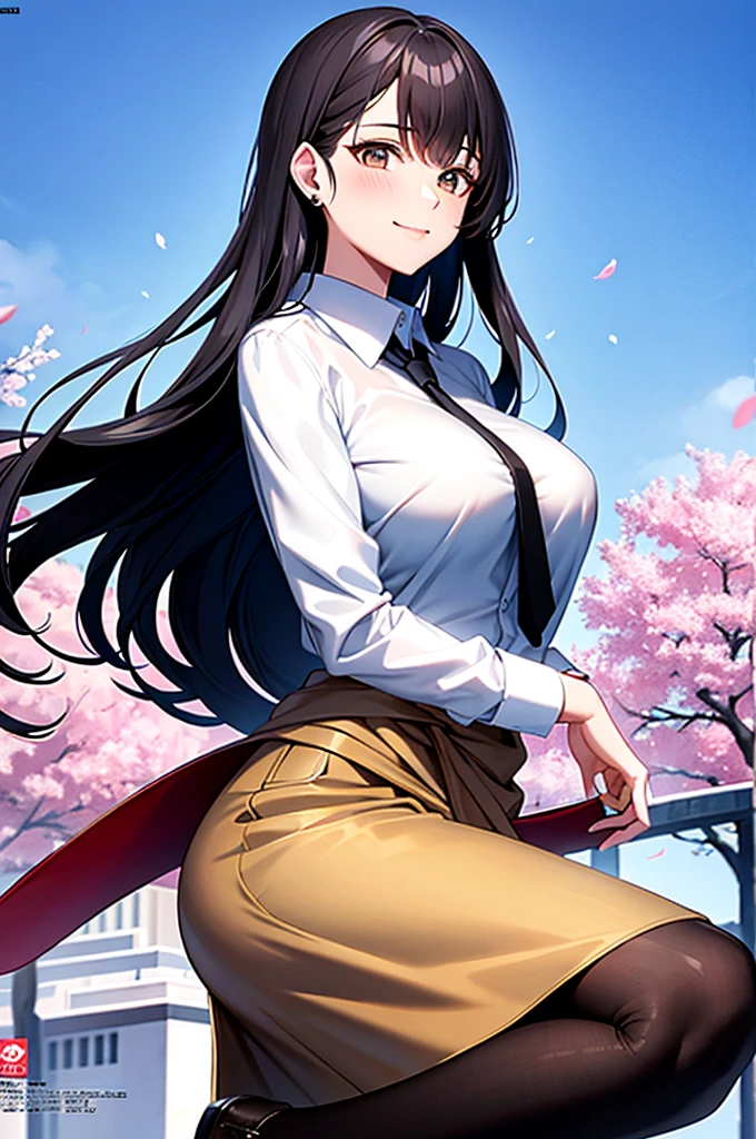 masterpiece, best quality, full body, 1girl, bangs, black tie, black hair, blue pants, blush, bracelet, breasts, clothes around the waist, collarbone, collared shirt, cowboy shot, dress shirt, piercing ear, eyebrows visible through hair, gradient hair, smile, jewelry, long hair, looking at viewer, loose tie, cravat, piercing, plaid, dress pants, brown eyes, ring, shirt, pants, smile, solo, white shirt , street, sky, cherry blossoms, petals, illustration, (magazine: 1.3), (cover style: 1.3), elegant, woman, vibrant, outfit, posing, frontal, colorful, dynamic, background, elements, confident , expression, holding, statement, accessory, majestic, curled, around, touch, scene, text, cover, bold, attention-grabbing, title, stylish, font, captivating, headline, biggest, impressive, modern, trendy, focus , fashion,