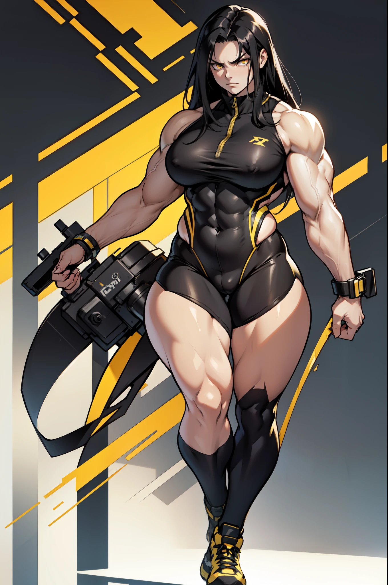 1 girl pale skin black hair yellow eyes long hair angry muscular toned body bodybuilder curvy wide hips thick thighs (full body) solo solo solo solo simple background