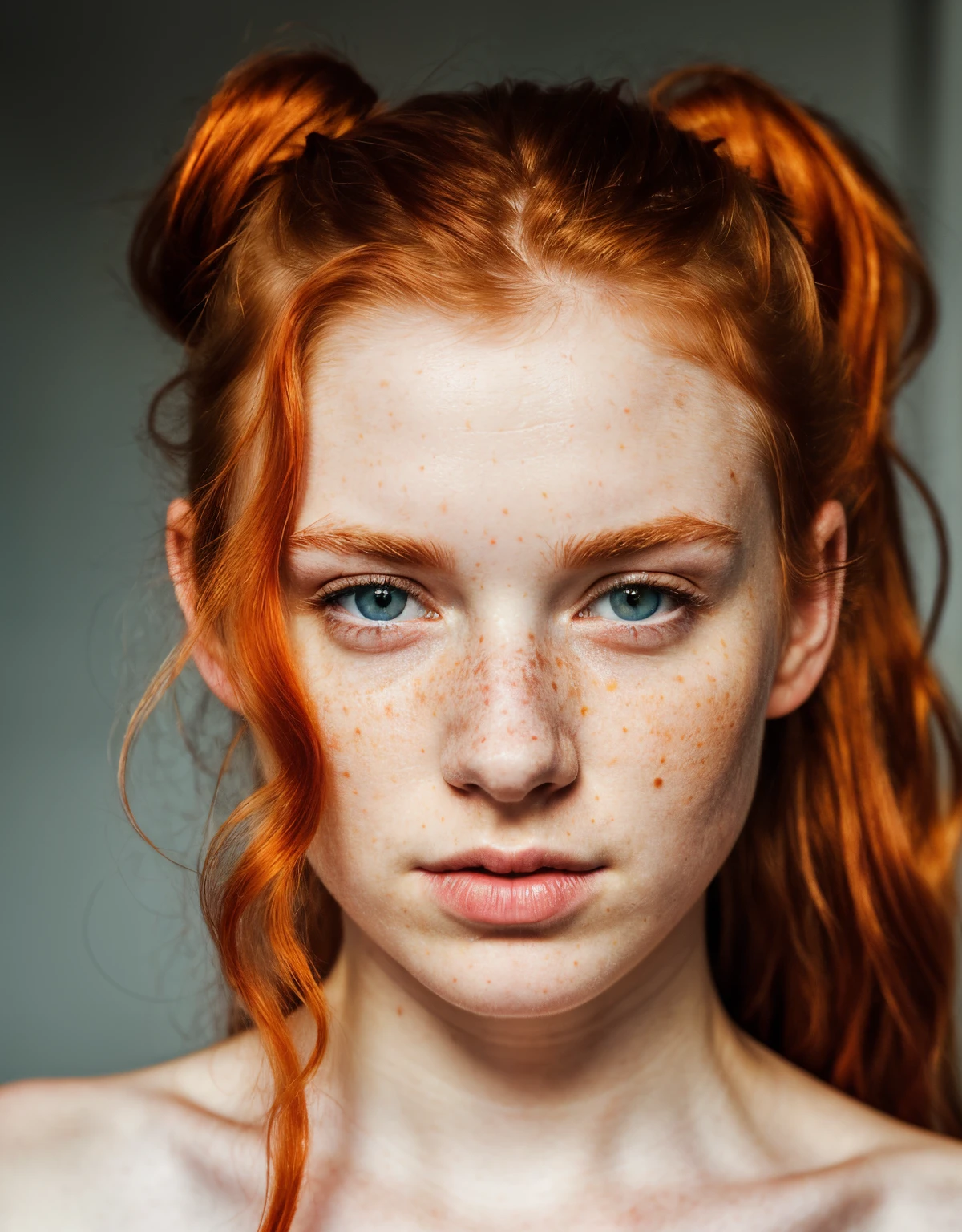(8k, RAW photo, highest quality),(epic realistic:1.5), a girl, dynamic posture,erotic face,shirt,(detailed eyes:0.8),(looking at the camera:1.4), (highest quality), (best shadow),intricate details,cinematic,((skin:1.4)),interior, (long ponytail ginger hair:1.3),dark studio,(hdr:1.5),detailed, muted colors, freckles, (bright lighting: 0.7), masterpiece, big angle shot, RAW photo (pale 19-year-old Irishwoman, looking up at the viewer) (undressed, disheveled, with bright red matted hair), (sitting), full-length portrait, perfect face, captivating eyes, bright details, pouting lips (high skin detail), freckles, medium breasts, hard nipples (tint: 0.6), (dirty: 0.8), (bloody: 0.7), Key lighting, (backlight: 0.5), medium depth of field, Canon 5D, 50mm lens, f/4 aperture, (ultra-detailed, complex detail), sharp focus, 8k, absurd, 8mm film grain, flirting with camera