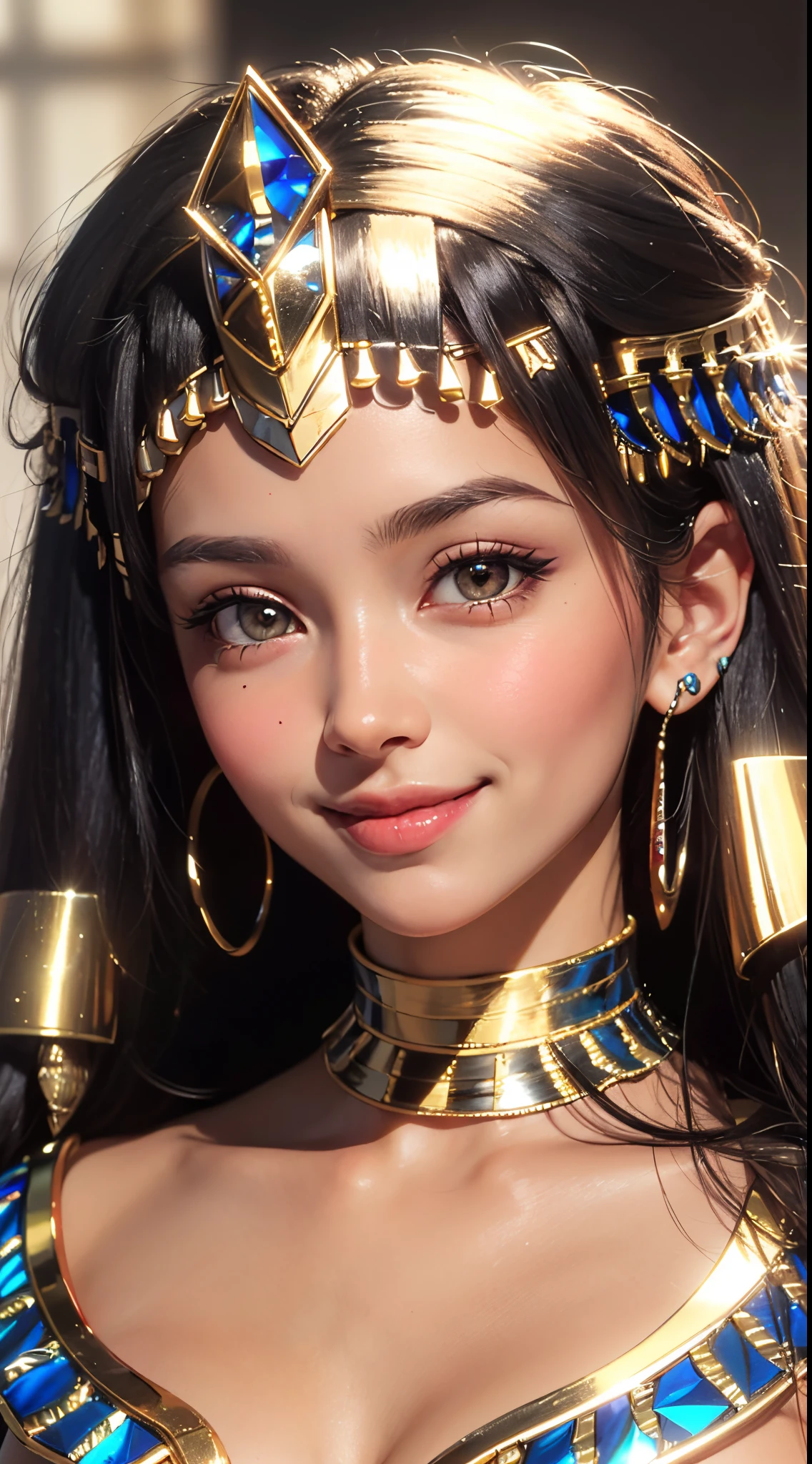 (UHD, retina, masterpiece, ccurate, anatomically correct, textured skin, super detail, high details, high quality, best quality, highres, 1080P, HD, 4K, 8k, 16k), (beautiful detailed eyes, beautiful detailed lips, extremely detailed eyes and face), studio lighting, physically-based rendering, vivid colors, (big tits, super big tits, super extra big tits, glamorous body), (thief:1.5), (portrait, blonde hair, shiny hair, shiny skin), (bokeh), (tilt your head to the side:1.5), eye reflection, (blush, smile, tanned skin, cleopatra:1.5),