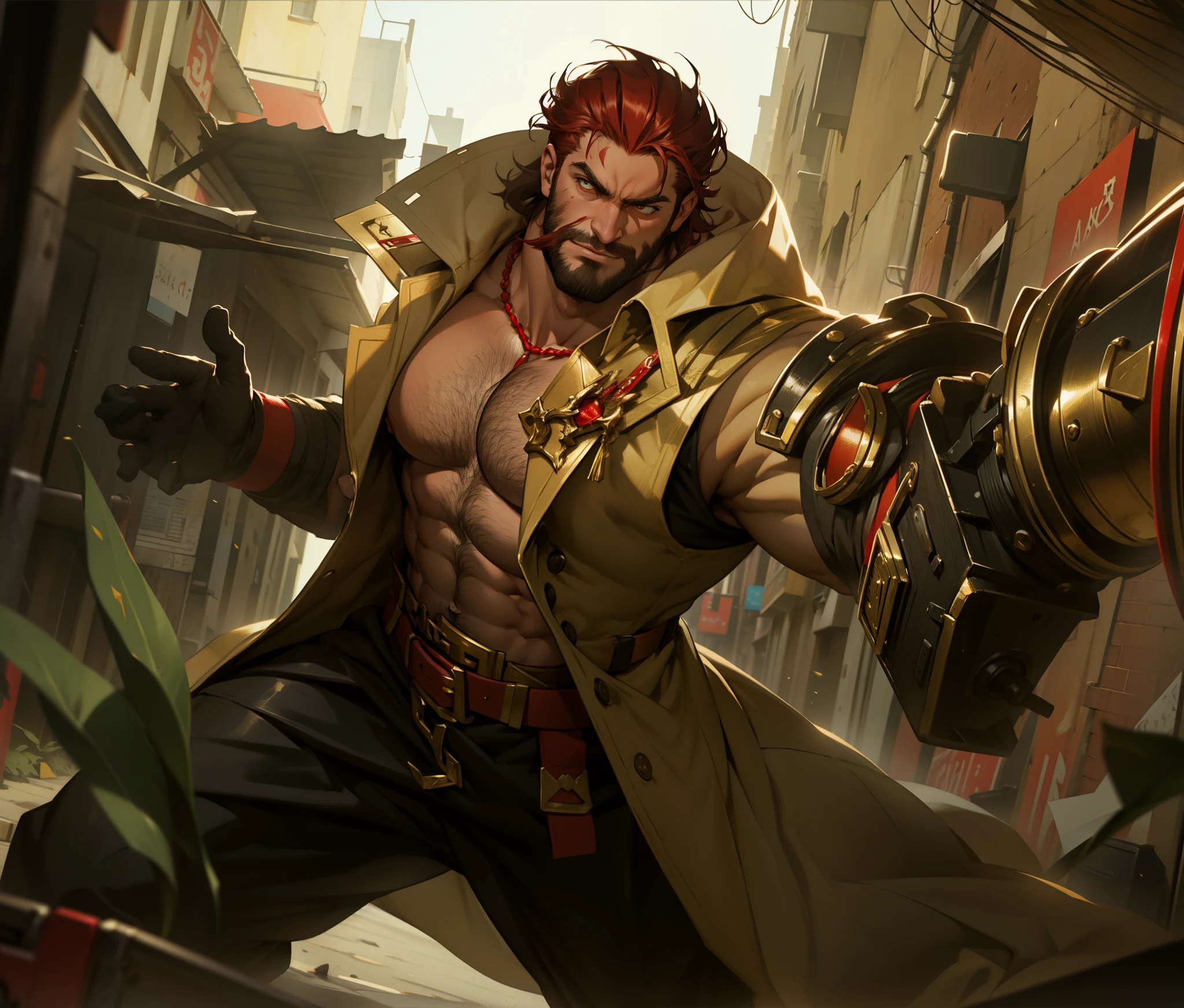 (looking from bottom to top) very big and strong man, meters tall body big hairy chest body hair red underwear red and gold belt with a great and wide red helm that the whole face and neck walking down a street in the background many people running in fear smeared on the floor