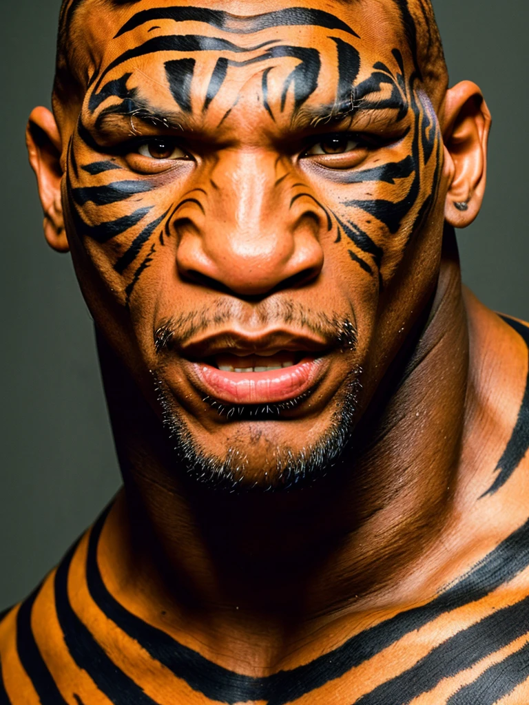(full body shot, ultra-detailed, left side portrait, looking at the sky, best quality, photorealistic:1.37, 4k, realistic, portrait, photography, Mike Tyson, iconic pose, dressed like a tiger, detailed facial features, vibrant colours, 35mm)