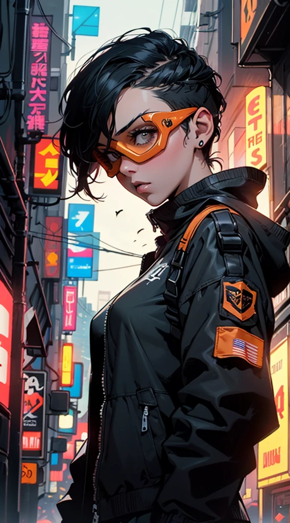dark haired young woman with orange lit goggles, cyberpunk clothing, battle fatigues, tank girl, action comic style, edgy haircut, comic noir, low angle, clean lines