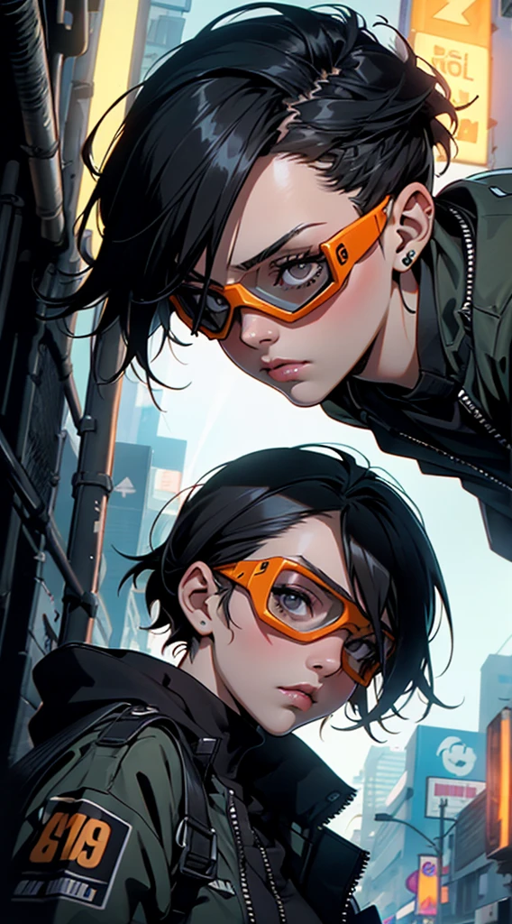 dark haired young woman with orange lit goggles, cyberpunk clothing, battle fatigues, tank girl, action comic style, edgy haircut, comic noir, low angle, clean lines