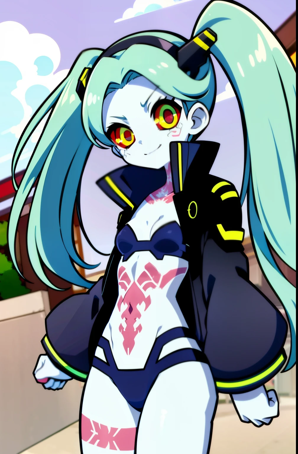 2000s anime cels style, Cartoon style of the 2000s, (flat color:1.2), vivid colors, retro anime, 2000s anime, 2000s anime, early 2000's inspired anime, early 2000's esthetics, rebecca, 1girl, colored sclera, red sclera, twintails, mechanical eye, solo, artificial eye, green hair, red pupils, colored skin, neck tattoo, jacket, tattoo, smile , cowboy shot, white skin, black jacket, underwear, black hairband, bra, hairband, headgear, outdoors, black bra, cyborg, stomach tattoo, long hair, green eye, closed mouth, partially unzipped, upper body, small breasts, yellow eyes, blurry background, red eye, leg tattoo, blue bra,