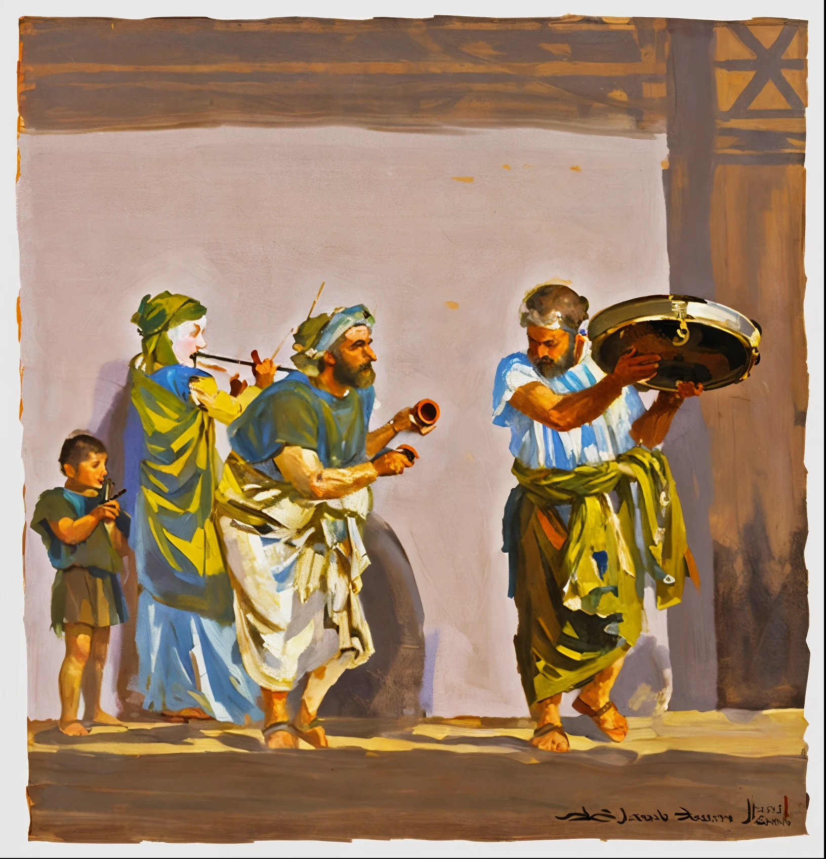 painting of a group of people in costumes playing instruments, red paint, pink paint, purple paint, greek myth oil painting, musicians, colchians painting, hystorical painting, full color illustration, biblical art style, dressed in roman clothes, renaissance digital painting, stylised painting, ancient roman painting, by Richard Mortensen, musician, by Rob Alexander, character designs painting, by Jason Benjamin