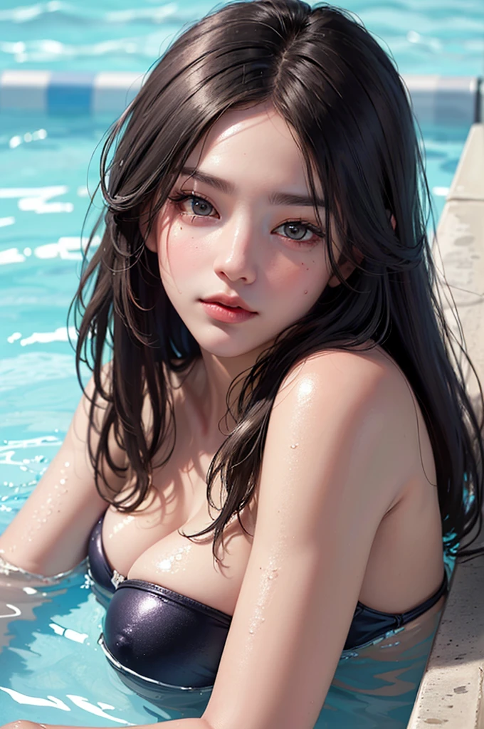 (A hyper-realistic), (illustratio), (hight resolution), (8K), (A highly detailed), (The best illustrations), (Beautiful detailed eyes), (top-quality), (A highly detailed), (​masterpiece), (wall-paper), (Detailed face), Solo 1 Girl, White wavy hair, Korea, Heterochromic eyes, Huge breasts, thick thight, Long leg, Swimming pool, swim wears