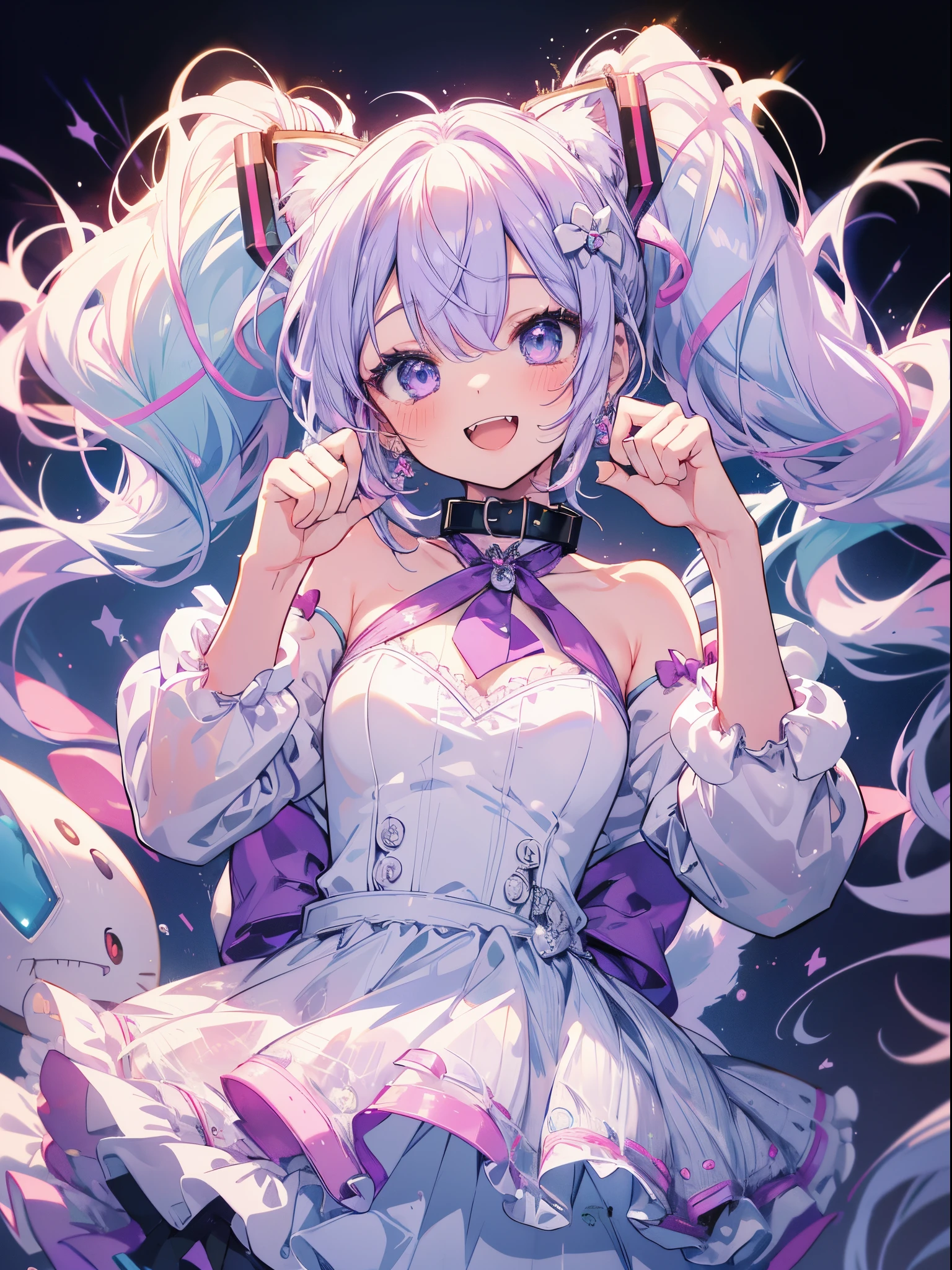 a cartoon image with a face of a lady in a white dress with purple hair, 1girl, solo, twintails, hatsune miku, jewelry, earrings, open mouth, smile, ((cat pose)), white background, fangs, upper body, long hair, looking at viewer, simple background, animal ears, bow, collar, blush