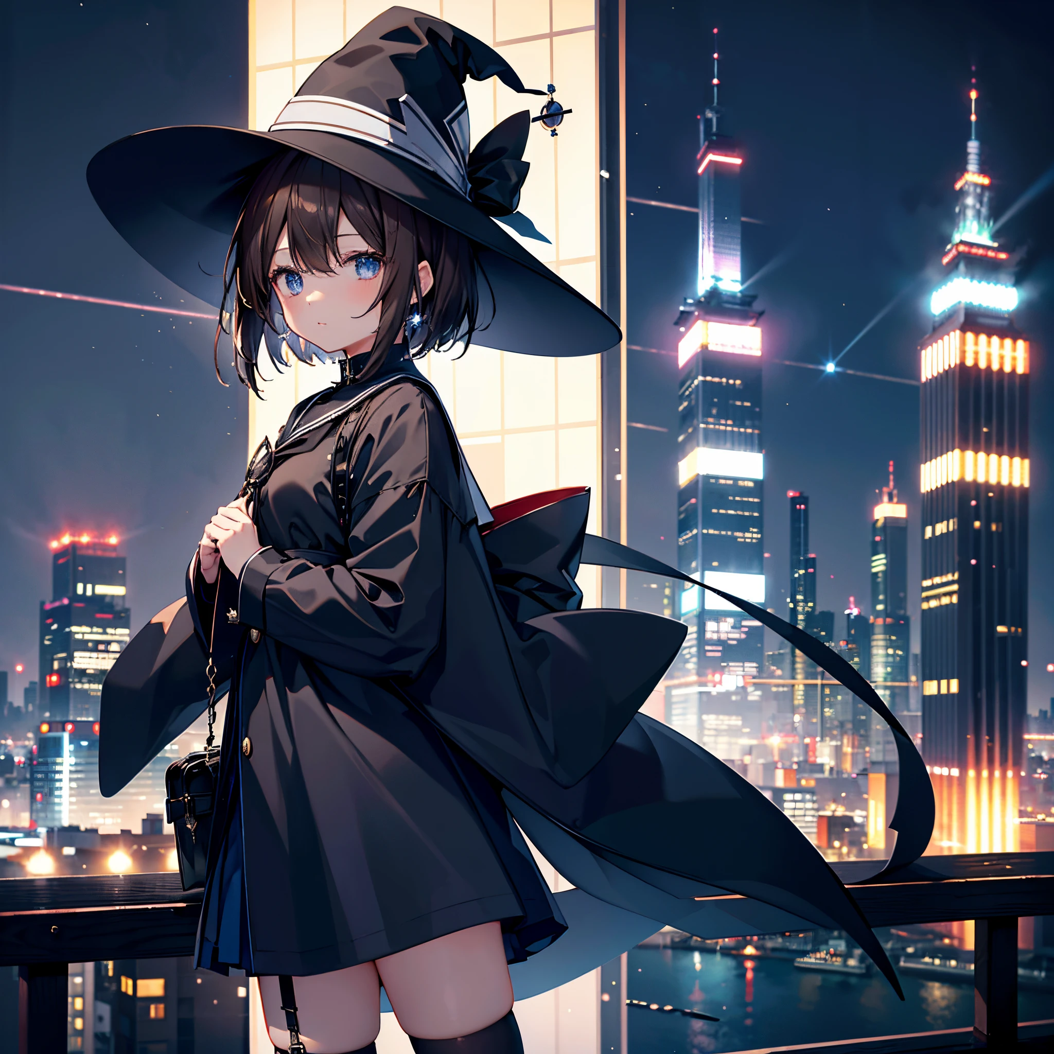 This is the rooftop of a building in Tokyo.、You can see the night view of Tokyo and the lights of Tokyo's port in the background.、I can see a meteor shower、There are two adult women, A and B.、A is a woman with short white bob hair and a large black witch hat with sapphire accessories.、B is a woman with dark brown hair wearing a large black witch hat with garnet accessories、witch's hat、blue eyes、is wearing a black coat、White sailor suit with navy blue ribbon、Dark blue skirt、Black stockings、Black spats、Black sneakers with white shoelaces、Two-dimensional illustration、Japan Anime、drawn by Japanese ilastrator、high-level image quality、4K picture quality、High Quality、hight resolution、5 million pixels、high détails、beatiful backgrounds