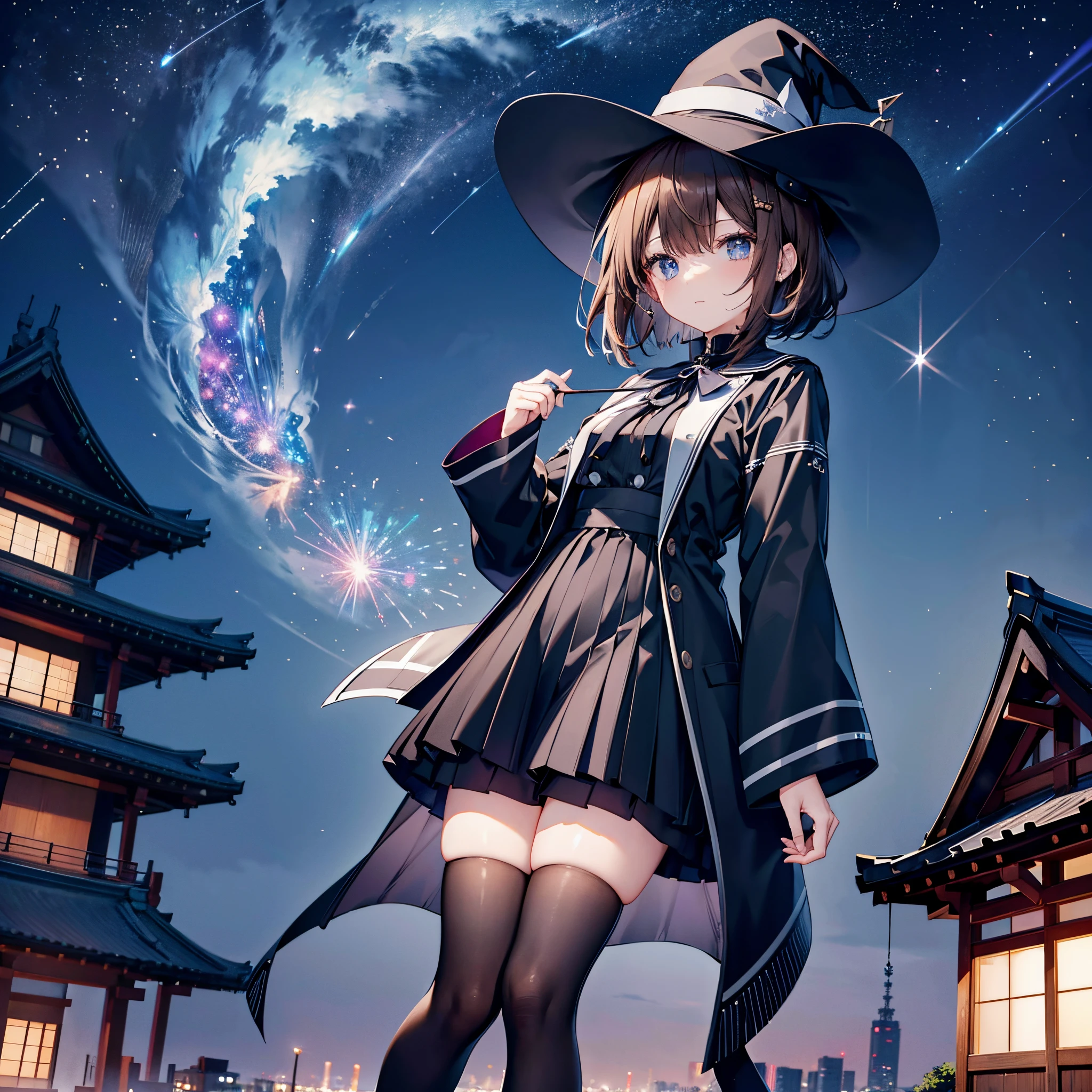 This is the rooftop of a building in Tokyo.、You can see the night view of Tokyo and the lights of Tokyo's port in the background.、I can see a meteor shower、There are two adult women, A and B.、A is a woman with short white bob hair and a large black witch hat with sapphire accessories.、B is a woman with dark brown hair wearing a large black witch hat with garnet accessories、witch's hat、blue eyes、is wearing a black coat、White sailor suit with navy blue ribbon、Dark blue skirt、Black stockings、Black spats、Black sneakers with white shoelaces、Two-dimensional illustration、Japan Anime、drawn by Japanese ilastrator、high-level image quality、4K picture quality、High Quality、hight resolution、5 million pixels、high détails、beatiful backgrounds