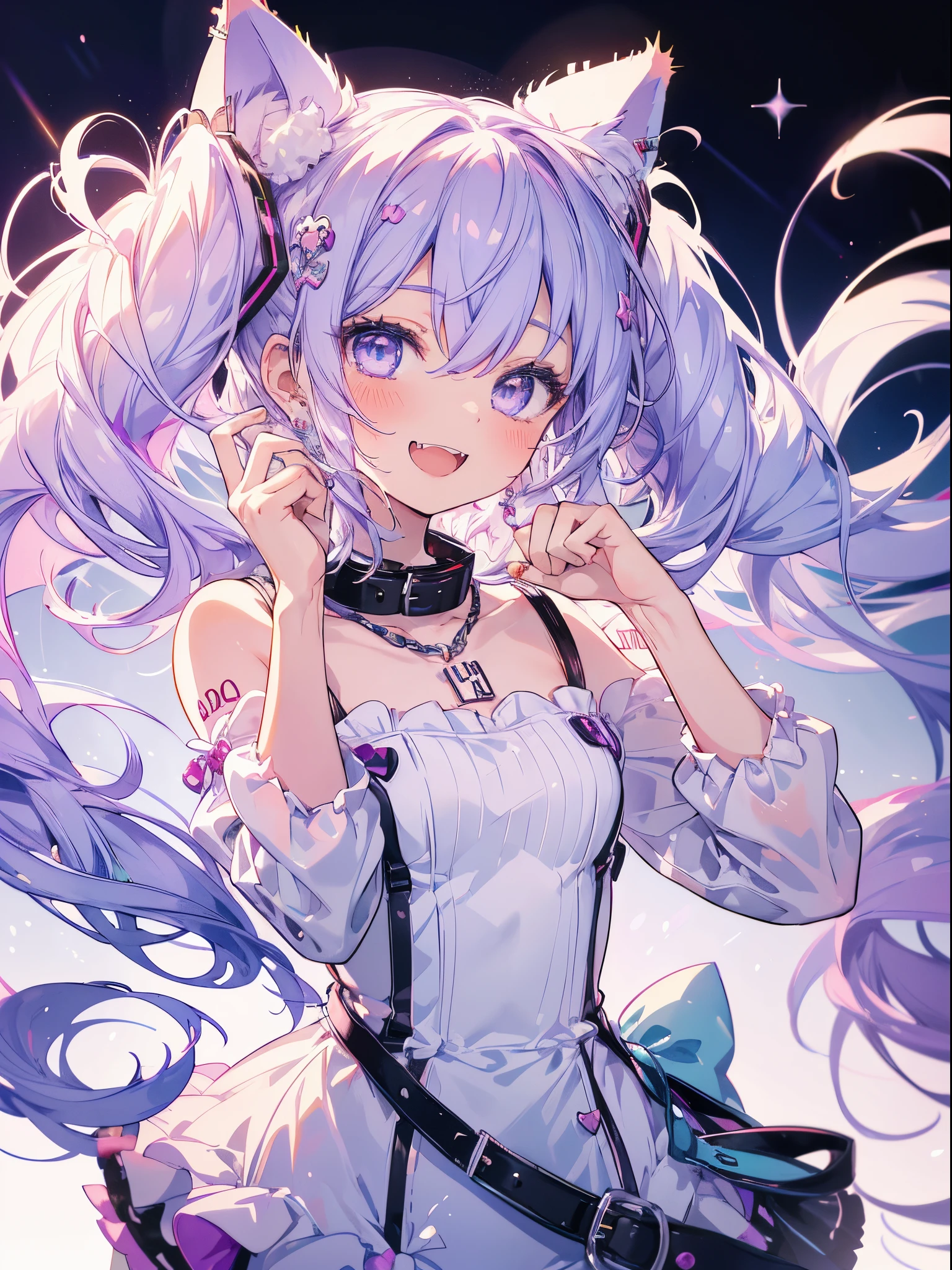 a cartoon image with a face of a lady in a white dress with purple hair, 1girl, solo, twintails, hatsune miku, jewelry, earrings, open mouth, smile, ((cat pose)), white background, fangs, upper body, long hair, looking at viewer, simple background, animal ears, bow, collar, blush
