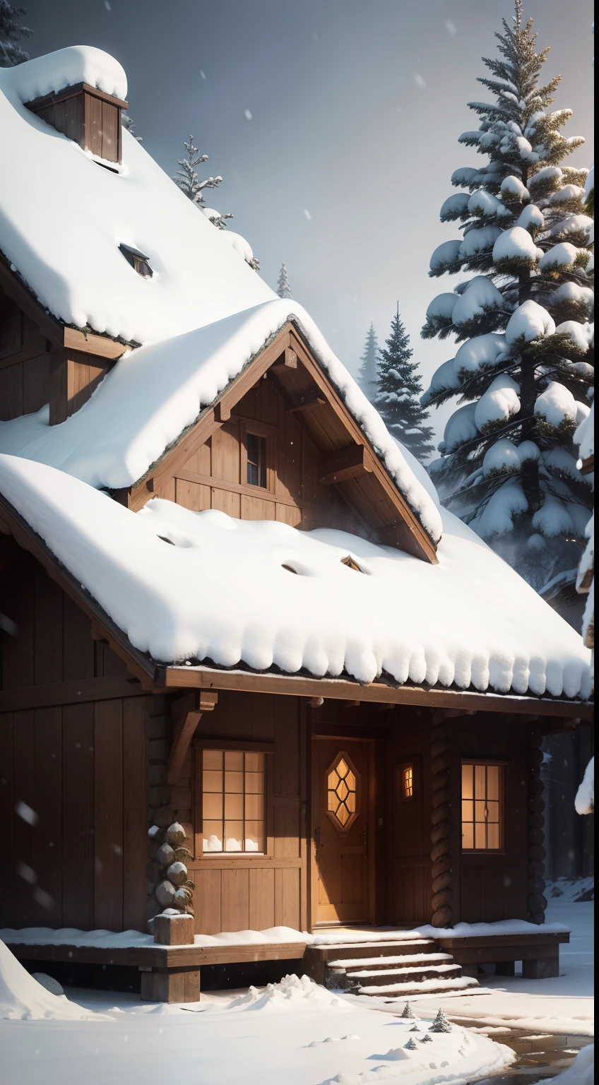 Simple wooden house,snowfield,cloister,sofe,Lights on the cloister,Stone foundation,4 pine trees in the snow,Fire,yukito,potted