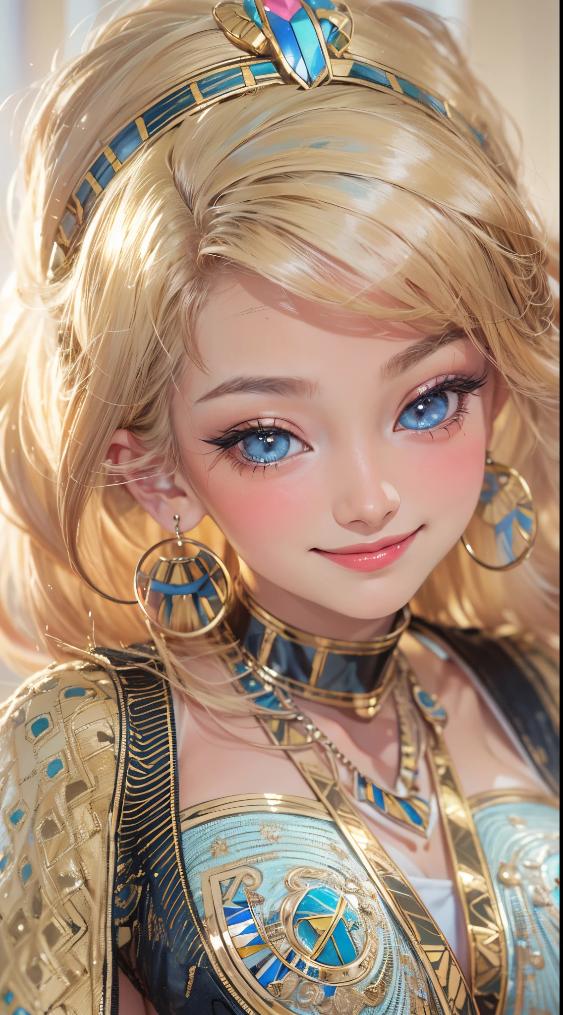 (UHD, retina, masterpiece, ccurate, anatomically correct, textured skin, super detail, high details, high quality, best quality, highres, 1080P, HD, 4K, 8k, 16k), (beautiful detailed eyes, beautiful detailed lips, extremely detailed eyes and face), studio lighting, physically-based rendering, vivid colors, (big tits, super big tits, super extra big tits, glamorous body), (thief:1.5), (portrait, blonde hair, shiny hair, shiny skin), (dusk sky, bokeh), (tilt your head to the side:1.5), eye reflection, (blush, smile, tanned skin, cleopatra:1.5),