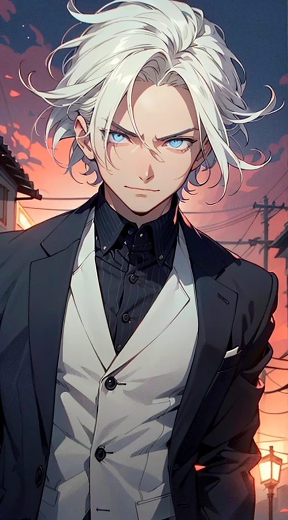 boy, thin, manly face, in a coat, modern business wear, high face detail, anime style, short white hair, blue eyes, smirk, evil look, gust of wind, Exquisite detail, high difficulty, cinematic lighting, against the backdrop of a red sky, super detail, intricate image, extremely detailed, symmetrical, 2d, Mysterious, Mysterious