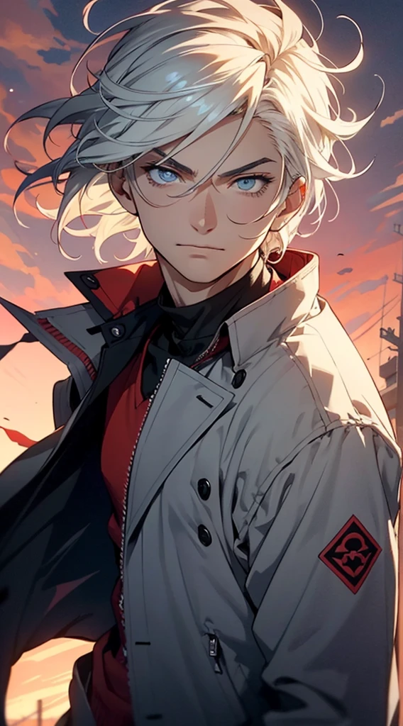 boy, thin, manly face, in a coat, modern business wear, high face detail, anime style, short white hair, blue eyes, smirk, evil look, gust of wind, Exquisite detail, high difficulty, cinematic lighting, against the backdrop of a red sky, super detail, intricate image, extremely detailed, symmetrical, 2d, Mysterious, Mysterious