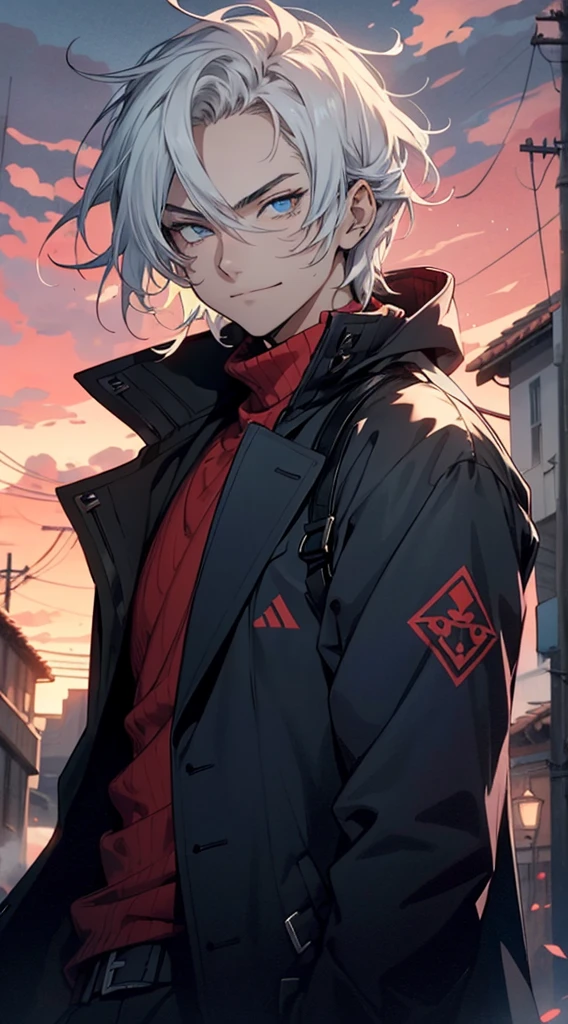 boy, thin, manly face, in a coat, modern business wear, high face detail, anime style, short white hair, blue eyes, smirk, evil look, gust of wind, Exquisite detail, high difficulty, cinematic lighting, against the backdrop of a red sky, super detail, intricate image, extremely detailed, symmetrical, 2d, Mysterious, Mysterious