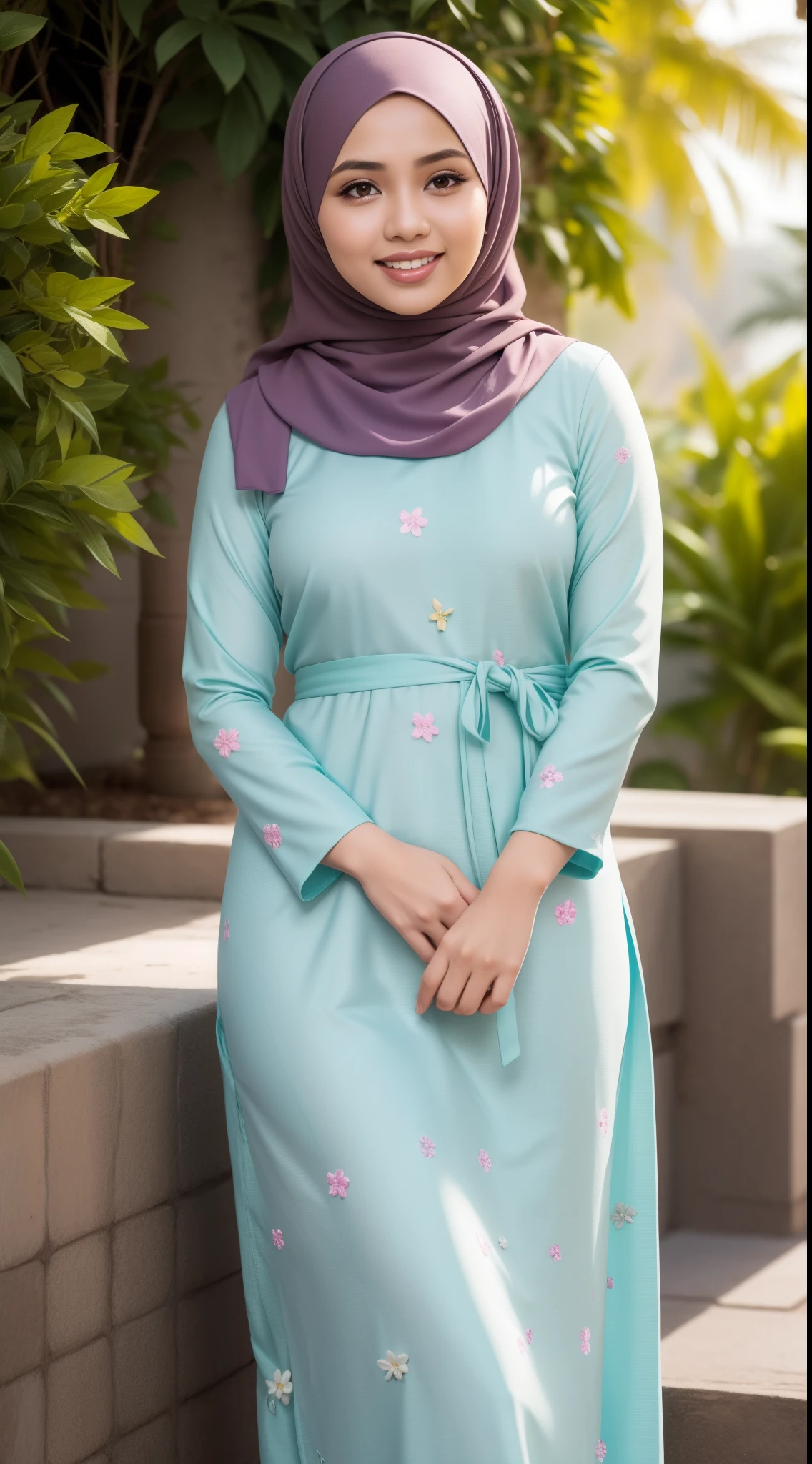 Malay girl in hijab wear baju kurung small flower motif, pastel color, seating, front view, detail skin, detail skin texture, mole below eyes, big breast, big hip, big waist, big thigh, slim abs, beautiful body, evening, laughing, happy, bright lighting, garden flower background, bokeh,