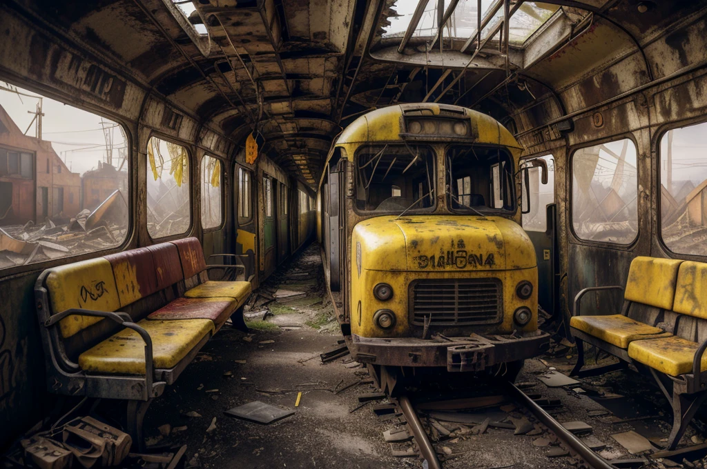 8k, realistic, vray, HDR, 6000K, on a post-apocalyptic deserted train station, rusting benches, cracked information board, graffiti-covered abandoned train. yellow balloon in the middle of the scene, SZ_4po enviroment