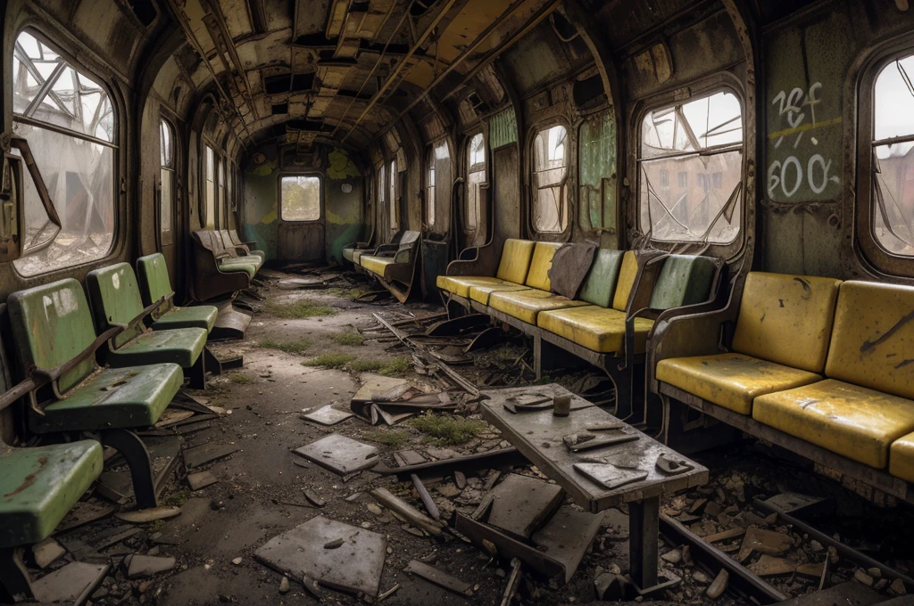 8k, realistic, vray, HDR, 6000K, on a post-apocalyptic deserted train station, rusting benches, cracked information board, graffiti-covered abandoned train. yellow balloon in the middle of the scene, SZ_4po enviroment