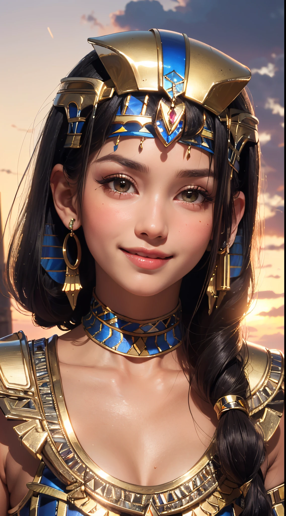 (UHD, retina, masterpiece, ccurate, anatomically correct, textured skin, super detail, high details, high quality, best quality, highres, 1080P, HD, 4K, 8k, 16k), (beautiful detailed eyes, beautiful detailed lips, extremely detailed eyes and face), studio lighting, physically-based rendering, vivid colors, (big tits, super big tits, super extra big tits, glamorous body), (thief:1.5), (portrait, blonde hair, shiny hair, shiny skin), (dusk sky, bokeh:1.5), (tilt your head to the side:1.5), eye reflection, (blush, smile, tanned skin, cleopatra:1.5),