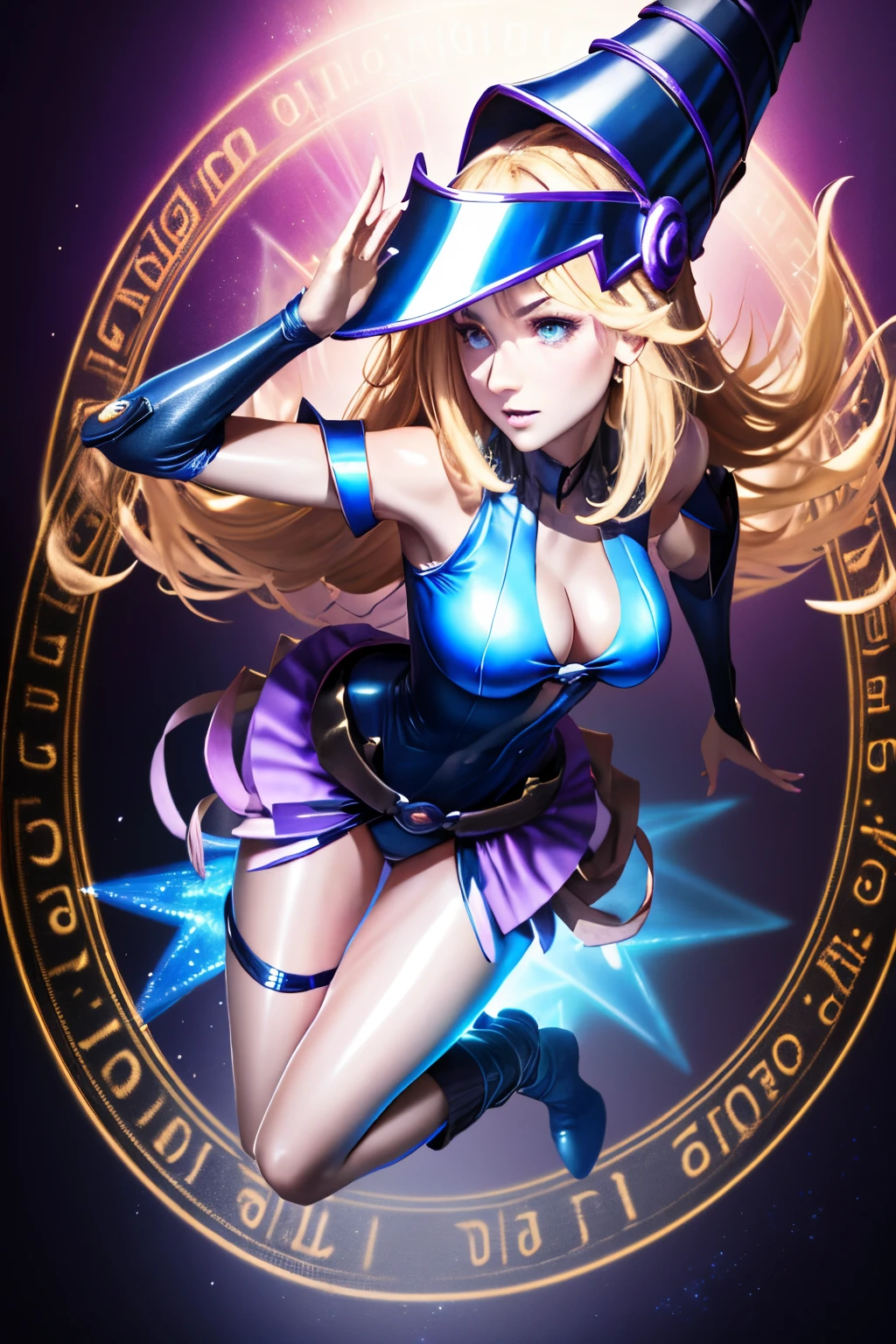 ultra-detailed, extremely detailed, masterpiece, highest quality, best quality, absurdres, highres, dark magician girl, (1girl:1.2), solo, detailed face, dynamic pose, hair flow, (full body:1.1),  blonde hair, long hair, looking at viewer, green eyes, skindentation, detailed skin, skin pores, (shiny skin, glossy skin:1.1), rosy skin details, breasts, nail polish, skirt, blue footwear, blue headwear, wizard hat, wand, holding hat, (blue panties:0.9), (summoning circle:1.1), hexagram, pentacle, pentagram, yu-gi-oh!, duel monster, purple magic field, glow, detailed background, intricate background,