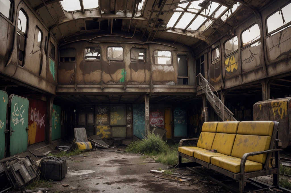 8k, realistic, vray, HDR,  6000K, on a post-apocalyptic deserted train station, rusting benches, cracked information board, graffiti-covered abandoned train, yellow baloon in the middle of the scene, propaganda posters,  SZ_4po enviroment