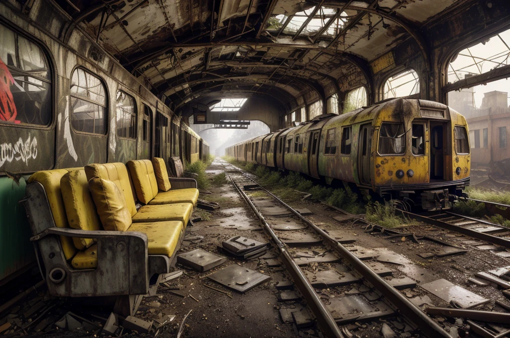 8k, realistic, vray, HDR,  6000K, on a post-apocalyptic deserted train station, rusting benches, cracked information board, graffiti-covered abandoned train, yellow baloon in the middle of the scene, propaganda posters,  SZ_4po enviroment