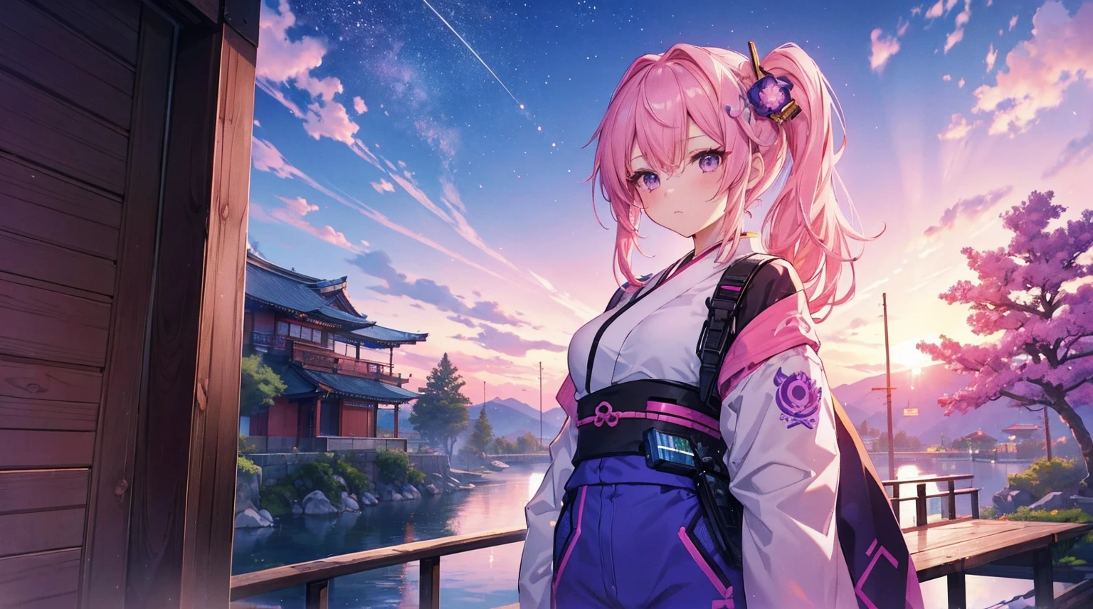 Masterpiece, 4K Ultra HD, 1girl in the Kiriko style from Overwatch, but with the following characteristics: athletic girl with pink hair, Wearing a Stylized jumpsuit, In a Japanese city with beautiful trees At dusk, a pink and purple sky with beautiful clouds and some stars in view, Inspired by the GUWEIZ art style