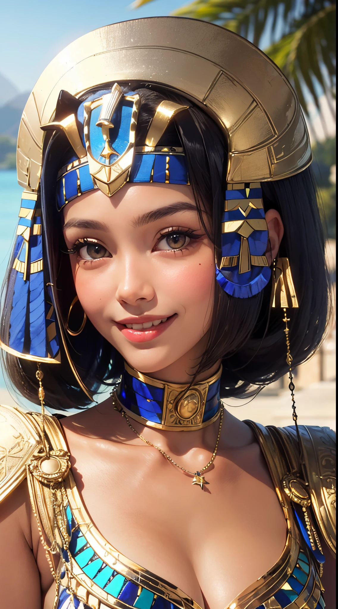 (UHD, retina, masterpiece, ccurate, anatomically correct, textured skin, super detail, high details, high quality, best quality, highres, 1080P, HD, 4K, 8k, 16k), (beautiful detailed eyes, beautiful detailed lips, extremely detailed eyes and face), studio lighting, physically-based rendering, vivid colors, (big tits, super big tits, super extra big tits, glamorous body), (thief:1.5), (portrait, blonde hair, shiny hair, shiny skin), (pyramid, bokeh:1.5), (tilt your head to the side:1.5), eye reflection, (blush, smile, tanned skin, cleopatra:1.5),
