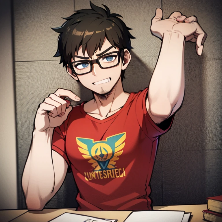 Muscular nerd male character with shirt and serious face