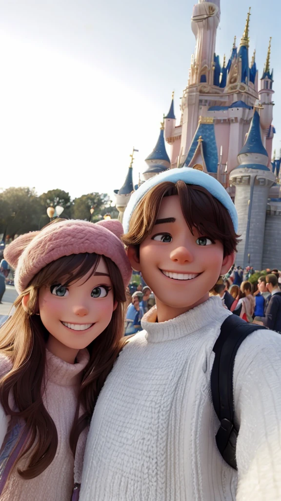 Beautiful men and women smiling and taking selfies in front of Cinderella Castle at Disneyland