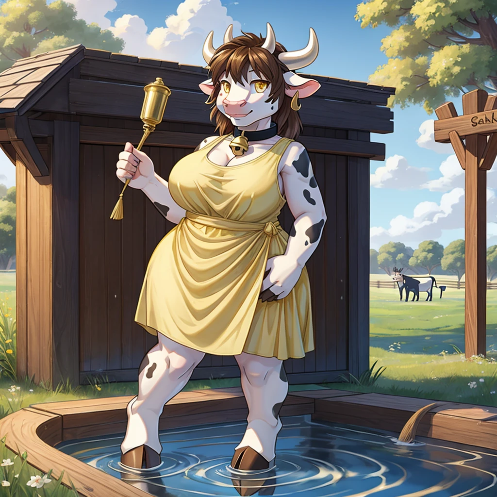 tansau, short, 1girl, solo, masterpiece, ultra detailed, female, cow, Furry, voluptuous, white fur, shortstack, Brown hair, Farm. big black spots, digitigrade, white cow tail, cow horns, cow ears, (gold ring ear piercing), udder, black hooves, bell collar. cow nose, hoof fingers, udders, leaning, yellow eyes, yellow sundress, magic spell, water magic,