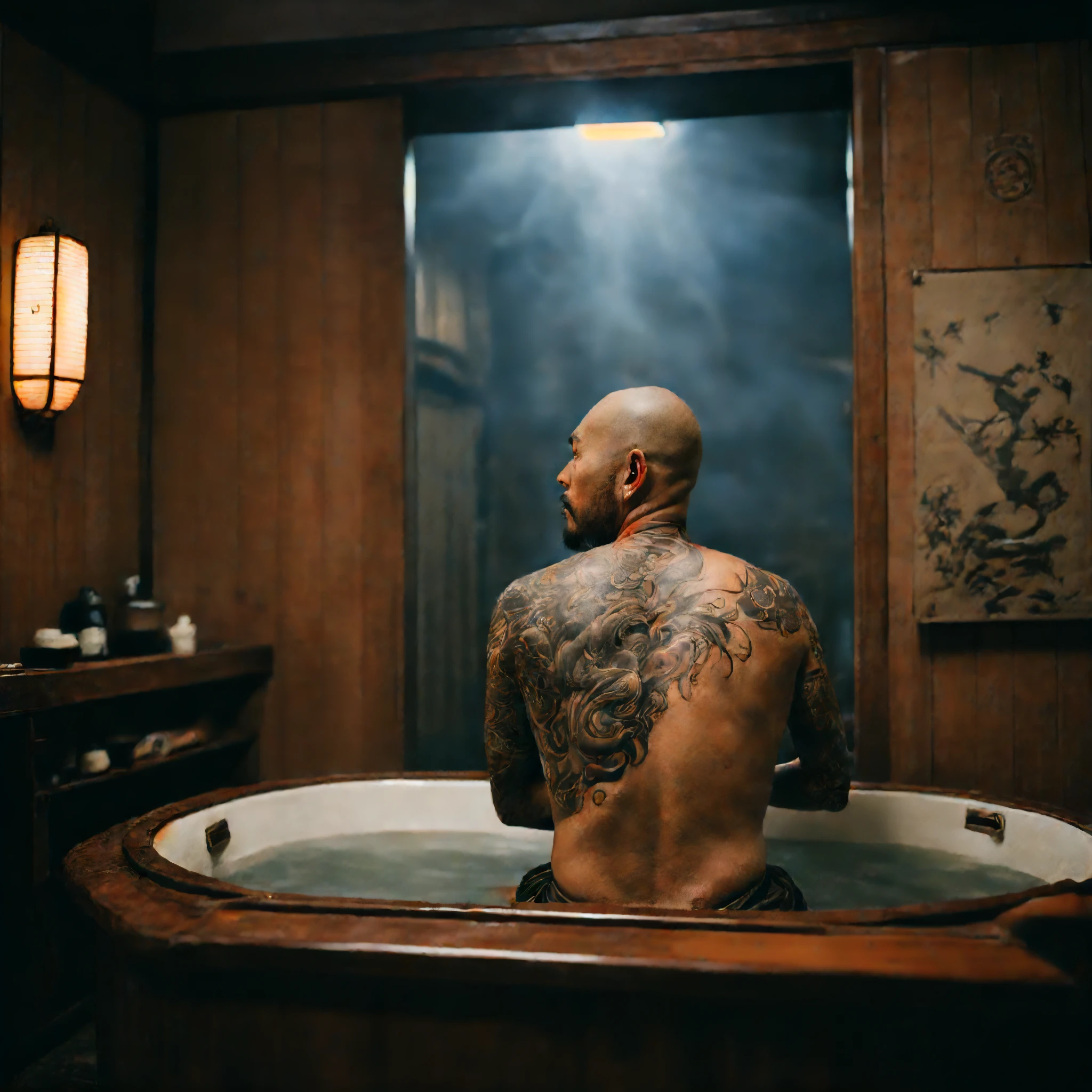 create an image of a japanese mafia, brutal, fierce, intimidating, (irezumi tattoos: 1.3), in the public bath, ryokan, man sitting in the bathtub, big wooden bathtub, bald head, (full body), (back to camera: 1.5). fog, mist. 70's movie style, vintage color film, (wide angle: 1.4)