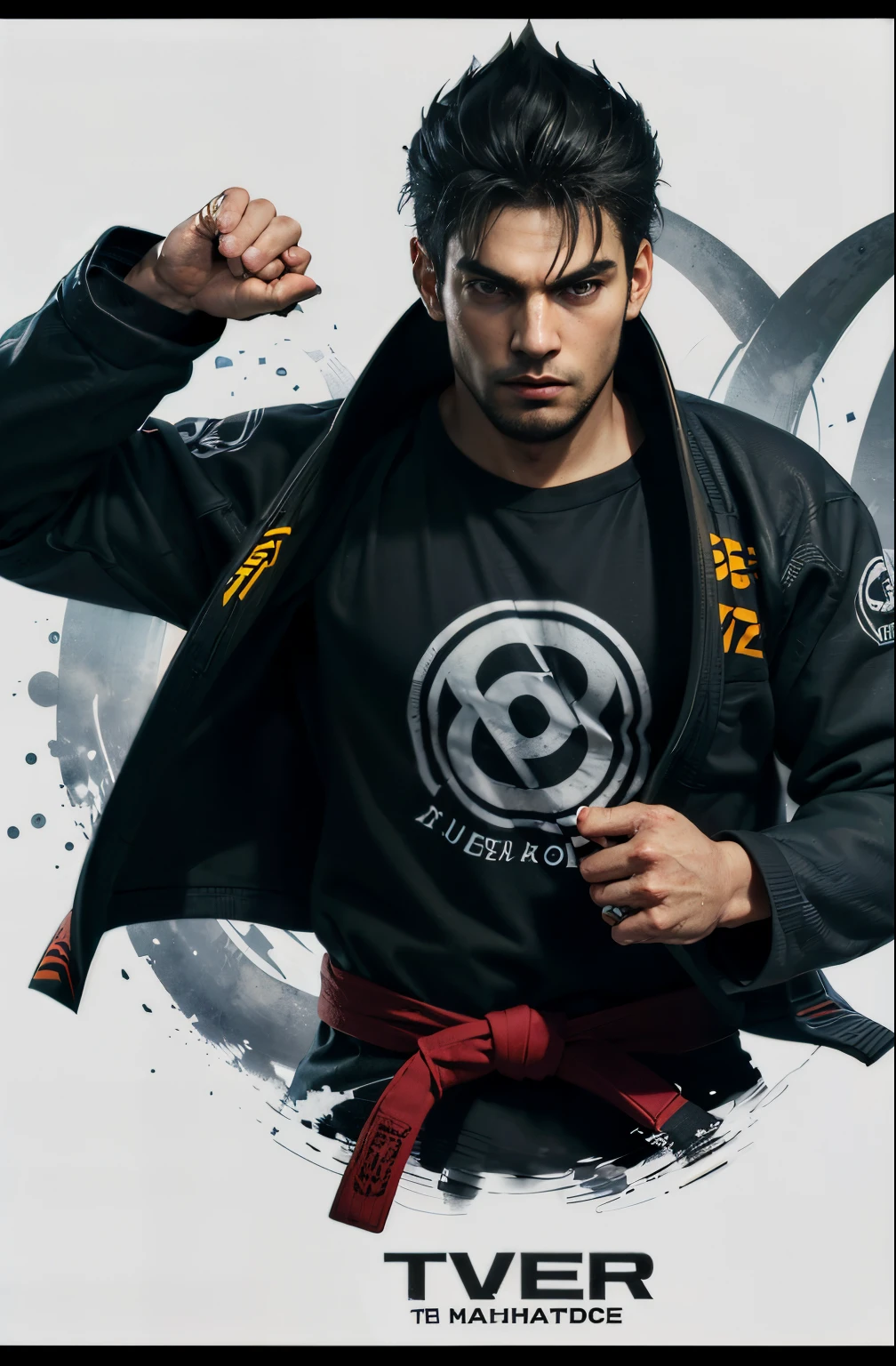 there is a man in a black jacket and a red belt, inspired by Kanō Hōgai, Kimura, inspired by Kanō Eitoku, personagem de jogo de luta, inspirado em Volkan Baga, inspired by Gatōken Shunshi, Pose de arte marcial, Wojtek FUS, inspirado em Nathan Oliveira, No estilo de Kyrill Kotashev