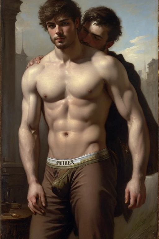 style of Floris Arntzenius, style of Andreas Achenbach, ((Two men kissing)), masculine man, handsome, muscular, shirtless, ((briefs, big bulge))