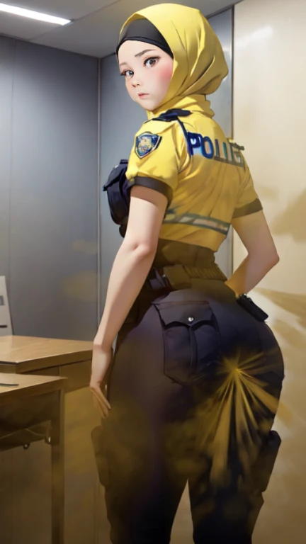 ((velocity)),Attacked by farts, (((Women farting))),(girl farting while interrogating prisoners)),frowned,velocity,(a female police), (wearing a police uniform),(standing facing the screen),(her butt facing the screen)) (wear hijab),(Asian woman),(interrogation room ),(masterpiece:1.2、top-quality)、(the Extremely Detailed CG Unity 8K Wallpapers、ultra-detailliert、Best Shadows)、(细致背景)、(The best lighting、extremely delicate and beautiful)、depth of fields、1girl in、独奏、upward looking gaze、