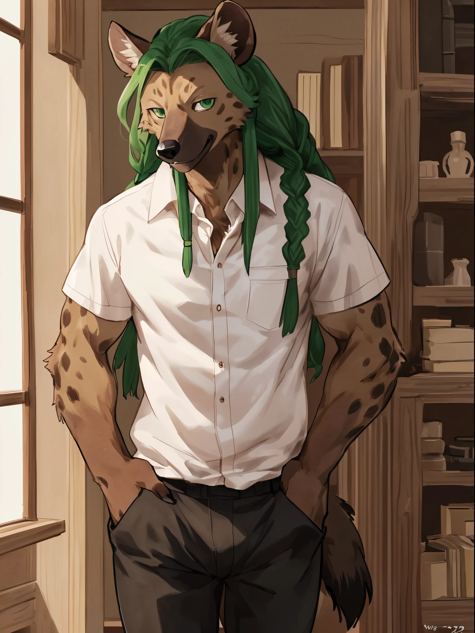 (((Detailed anatomy, detailed eyes detailed body detailed face, best quality, high resolution))), solo, (1male, hyena, long braids green hair, adult body, brown furs, skinny muscle, dark green eyes), white long bottom shirt, black pants, black shoes, in the wooden village, by bebebebebe, by K0BIT0WANI, by Wfa