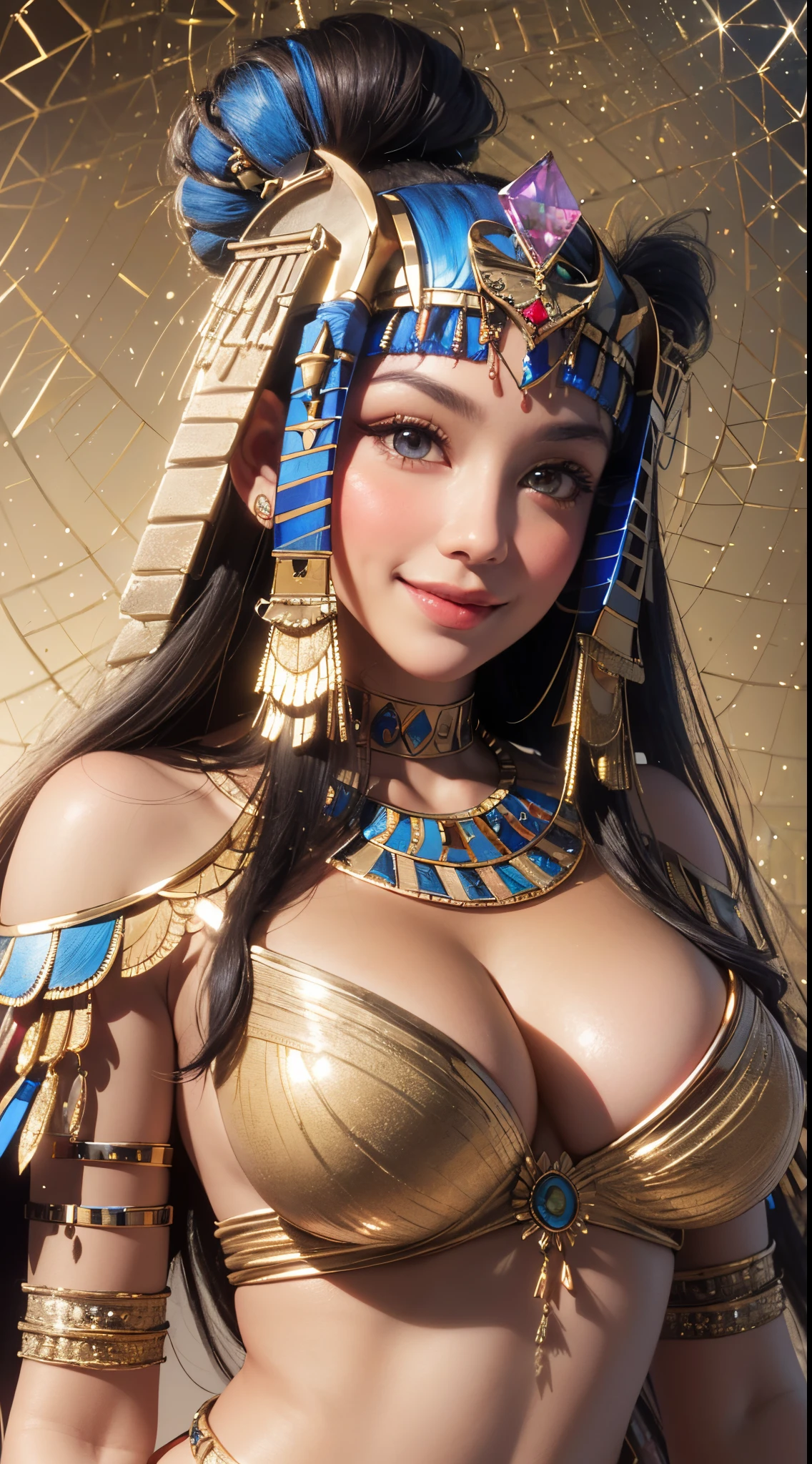 (UHD, retina, masterpiece, ccurate, anatomically correct, textured skin, super detail, high details, high quality, best quality, highres, 1080P, HD, 4K, 8k, 16k), (beautiful detailed eyes, beautiful detailed lips, extremely detailed eyes and face), studio lighting, physically-based rendering, vivid colors, (big tits, super big tits, super extra big tits, glamorous body), (thief:1.5), (portrait, blonde hair, shiny hair, shiny skin), (pyramid, bokeh:1.5), (tilt your head to the side:1.5), eye reflection, (blush, smile, tanned skin, cleopatra:1.5),